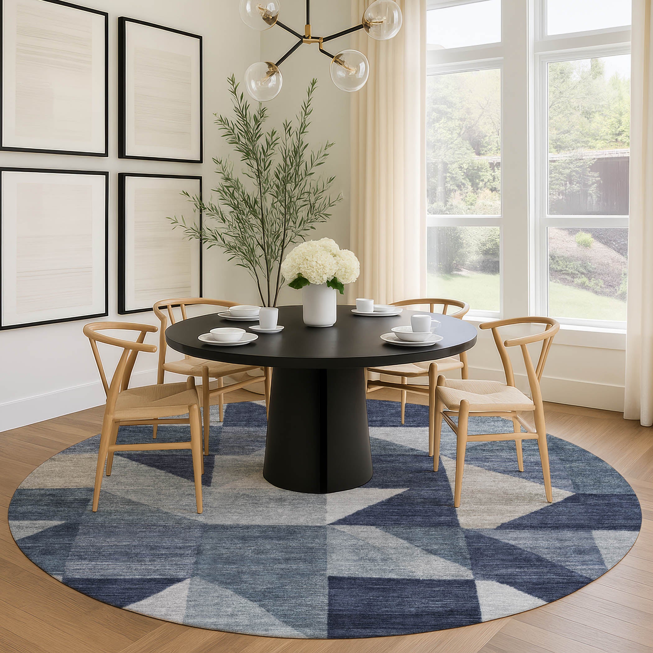 Kathmandu Machine Washable Transitional Blue Rug 8' x 8' #shape_Round