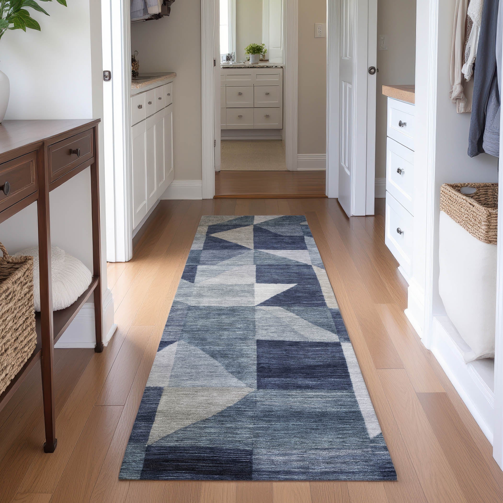 Kathmandu Machine Washable Transitional Blue Rug 2'3" x 7'6" #shape_Runner
