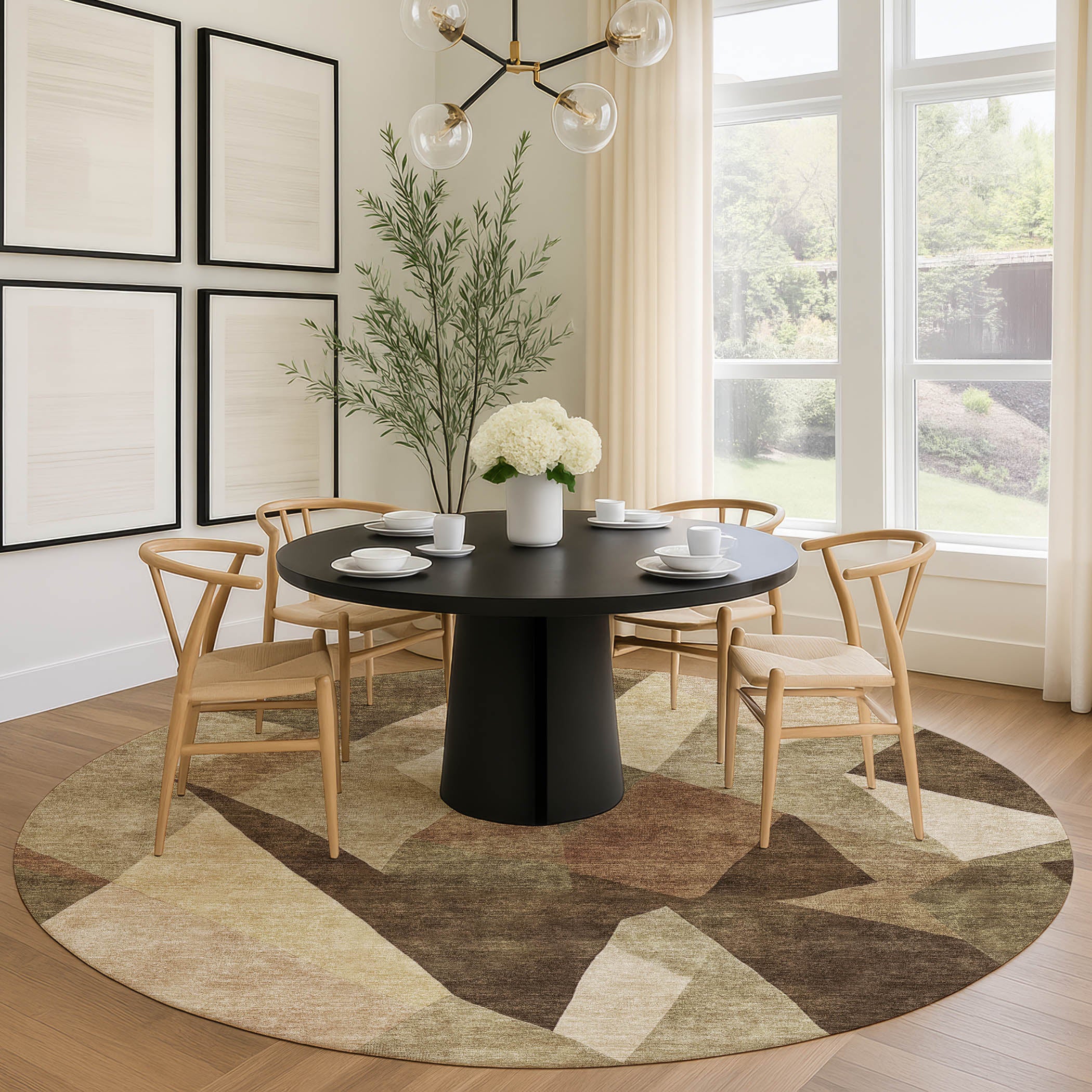 Lisbon Machine Washable Transitional Brown Rug 8' x 8' #shape_Round