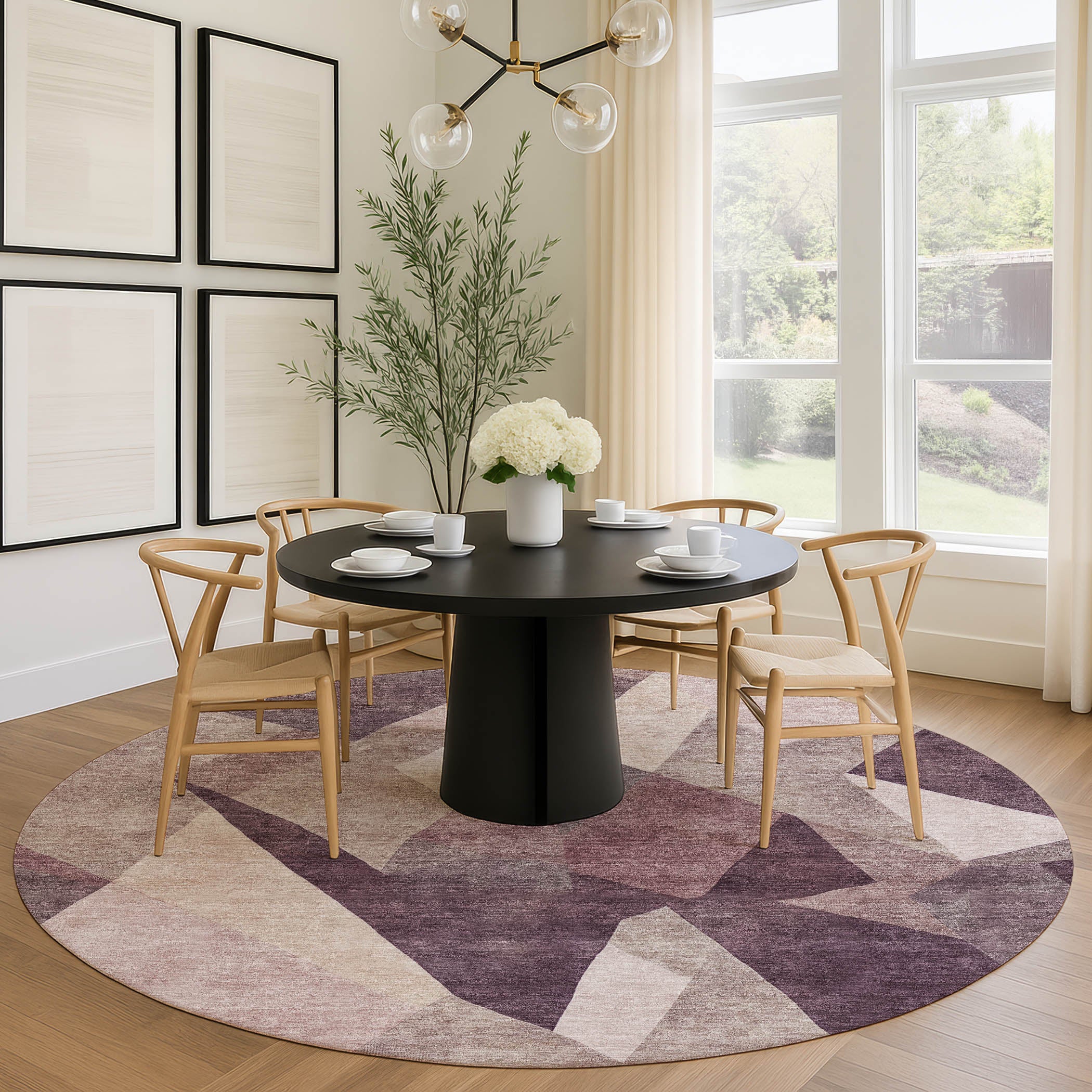 Lisbon Machine Washable Transitional Plum Purple Rug 8' x 8' #shape_Round