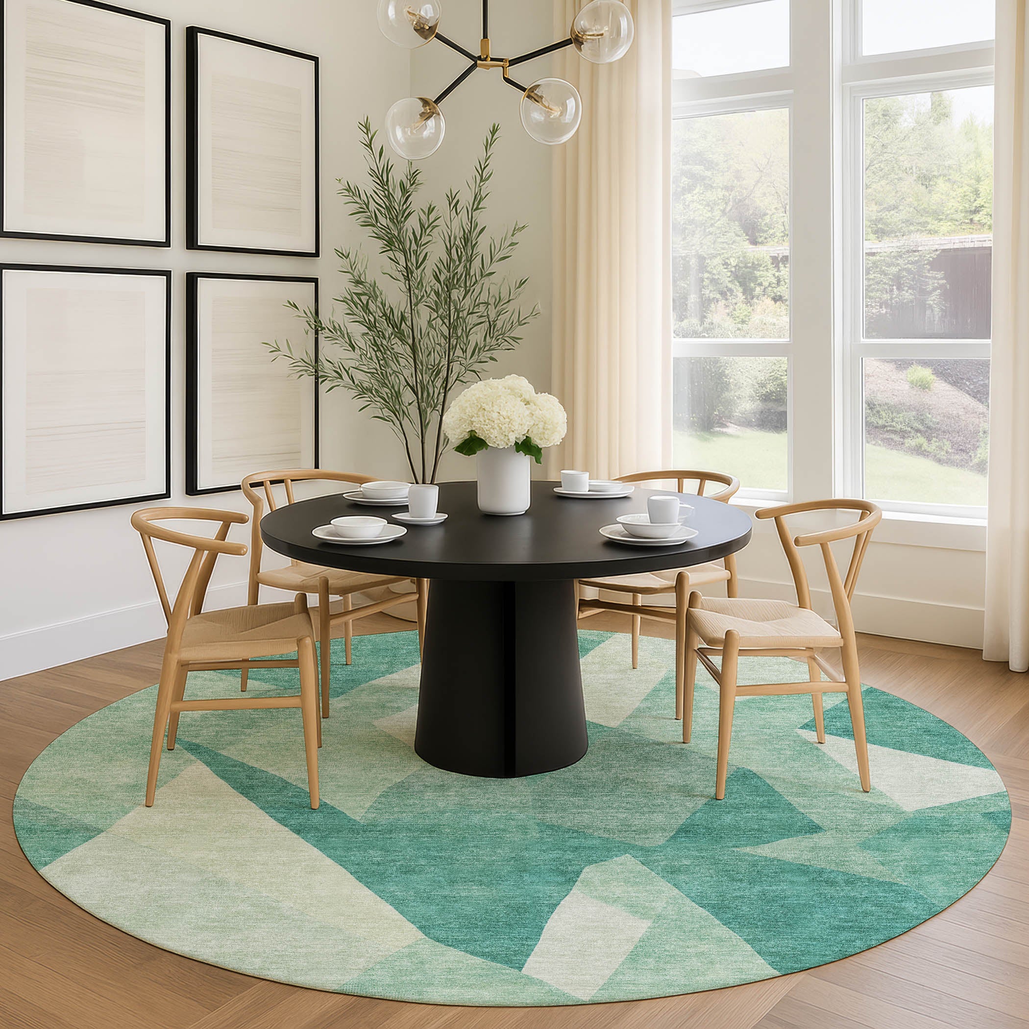 Lisbon Machine Washable Transitional Teal Rug 8' x 8' #shape_Round