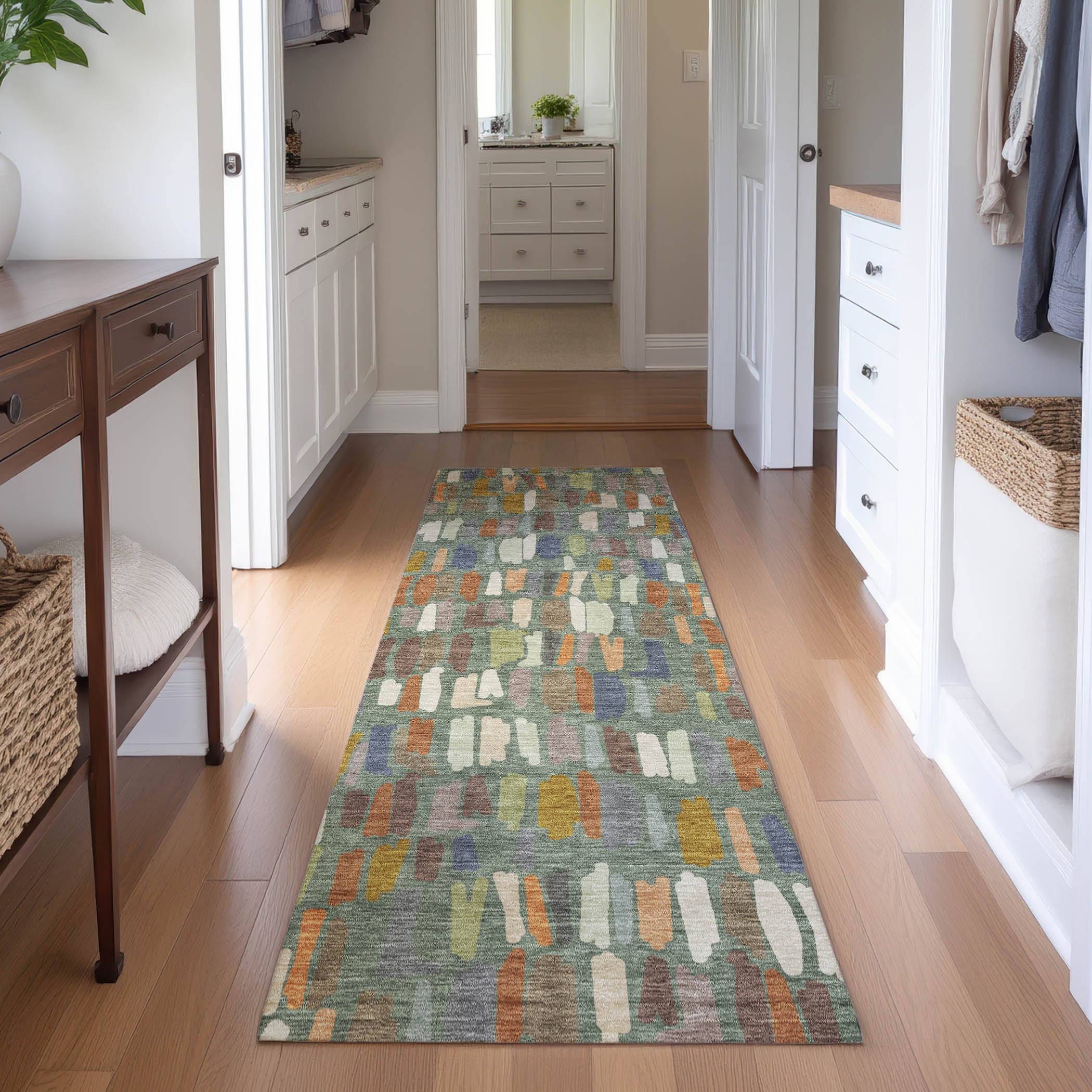 Oaxaca Machine Washable Transitional Basil Green Rug 2'3" x 7'6" #shape_Runner