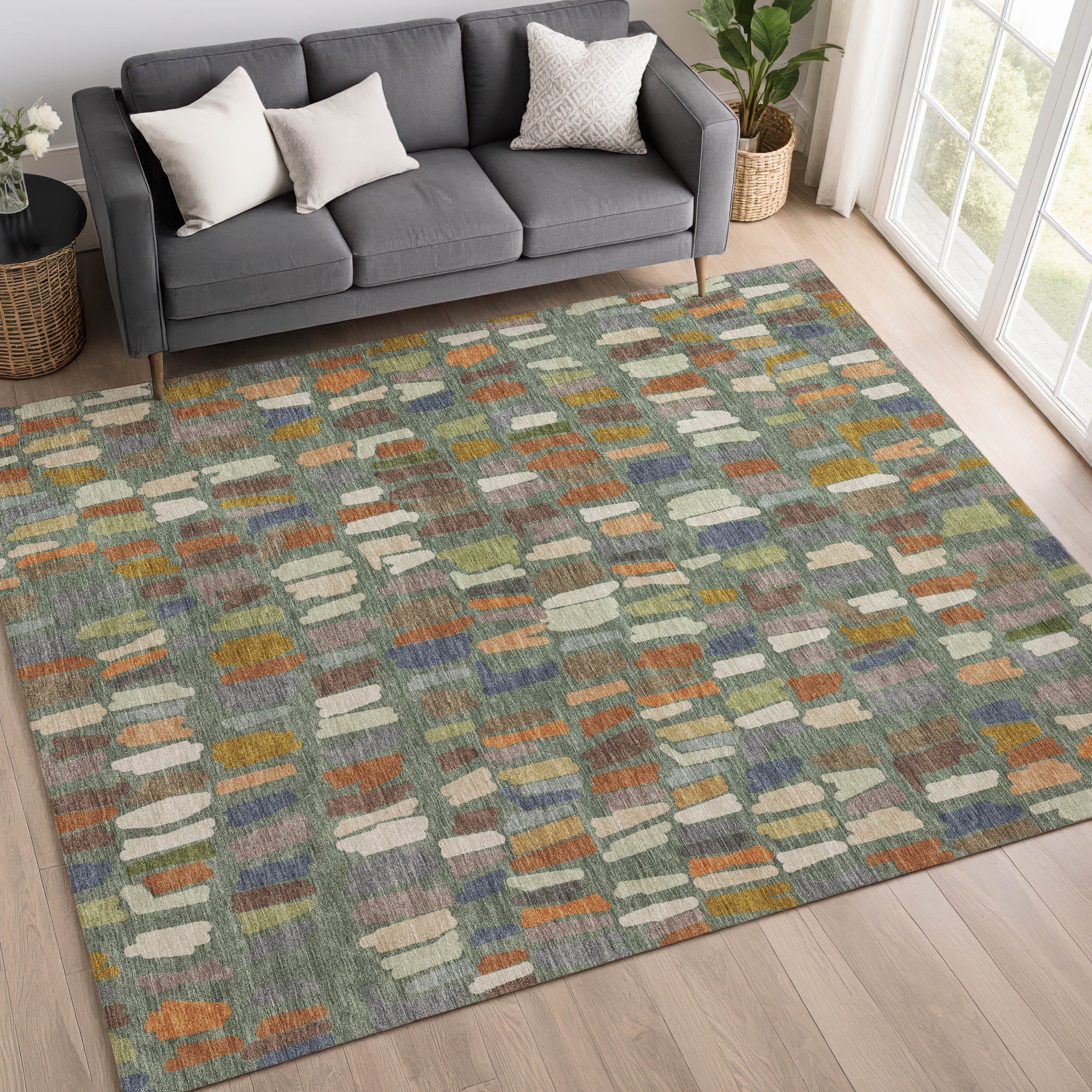 Oaxaca Machine Washable Transitional Basil Green Rug 3' x 5' #shape_Rectangle