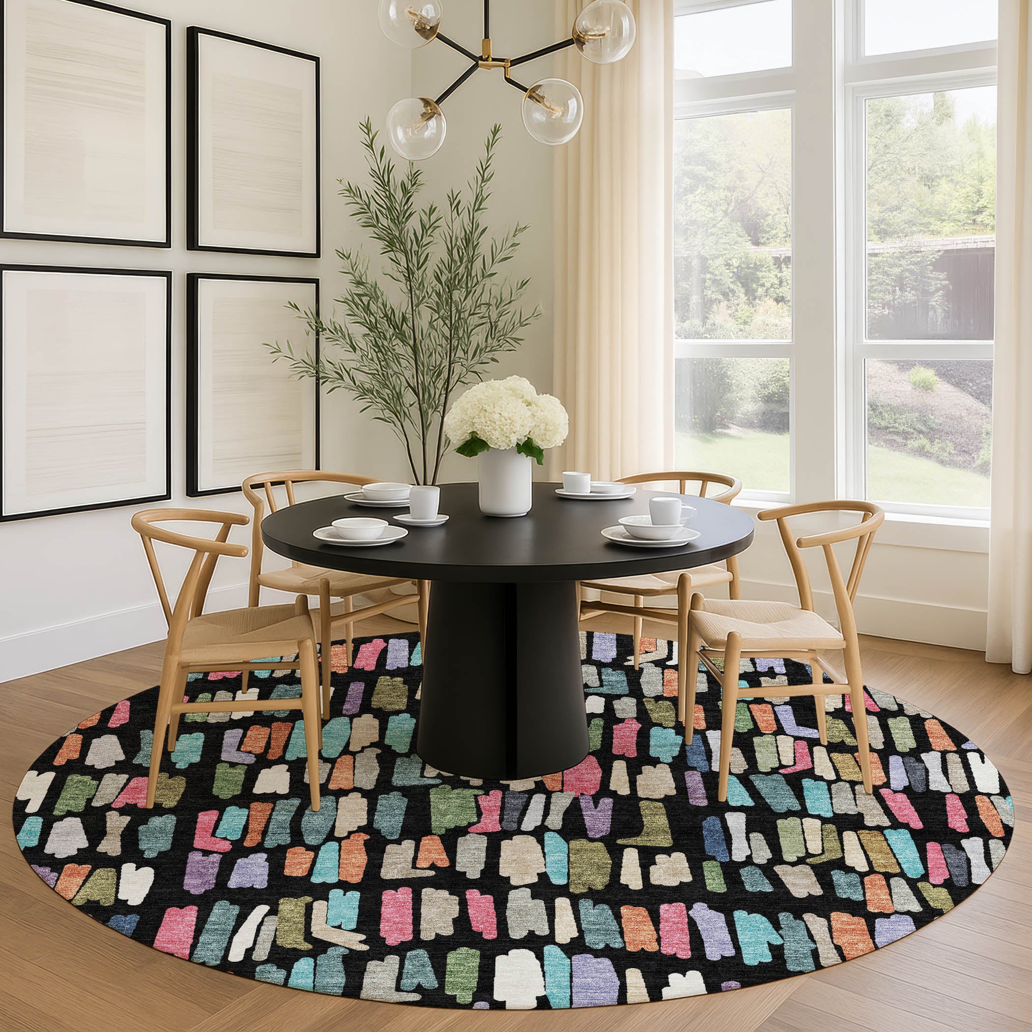 Oaxaca Machine Washable Transitional Black Rug 8' x 8' #shape_Round