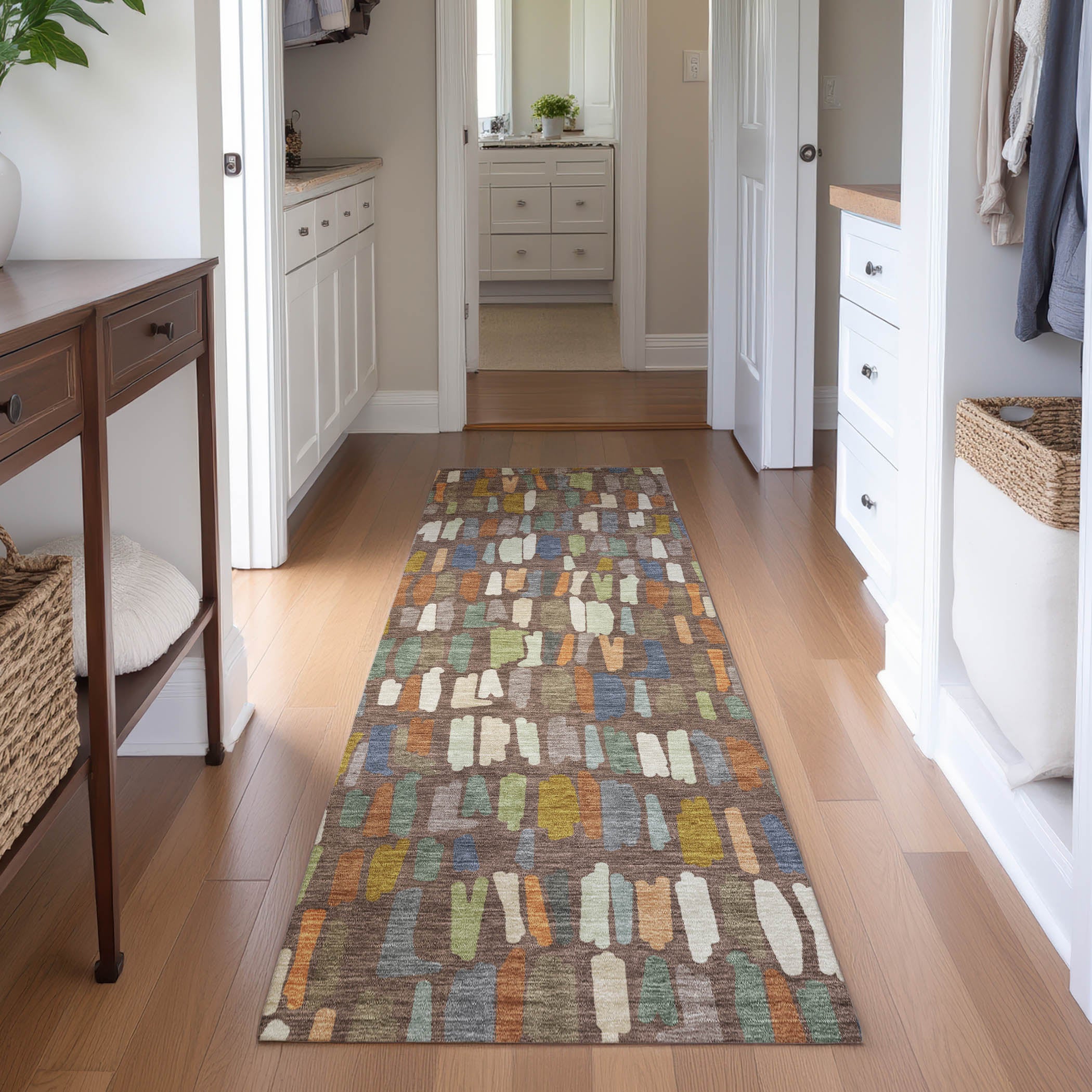 Oaxaca Machine Washable Transitional Chocolate Brown Rug 2'3" x 7'6" #shape_Runner