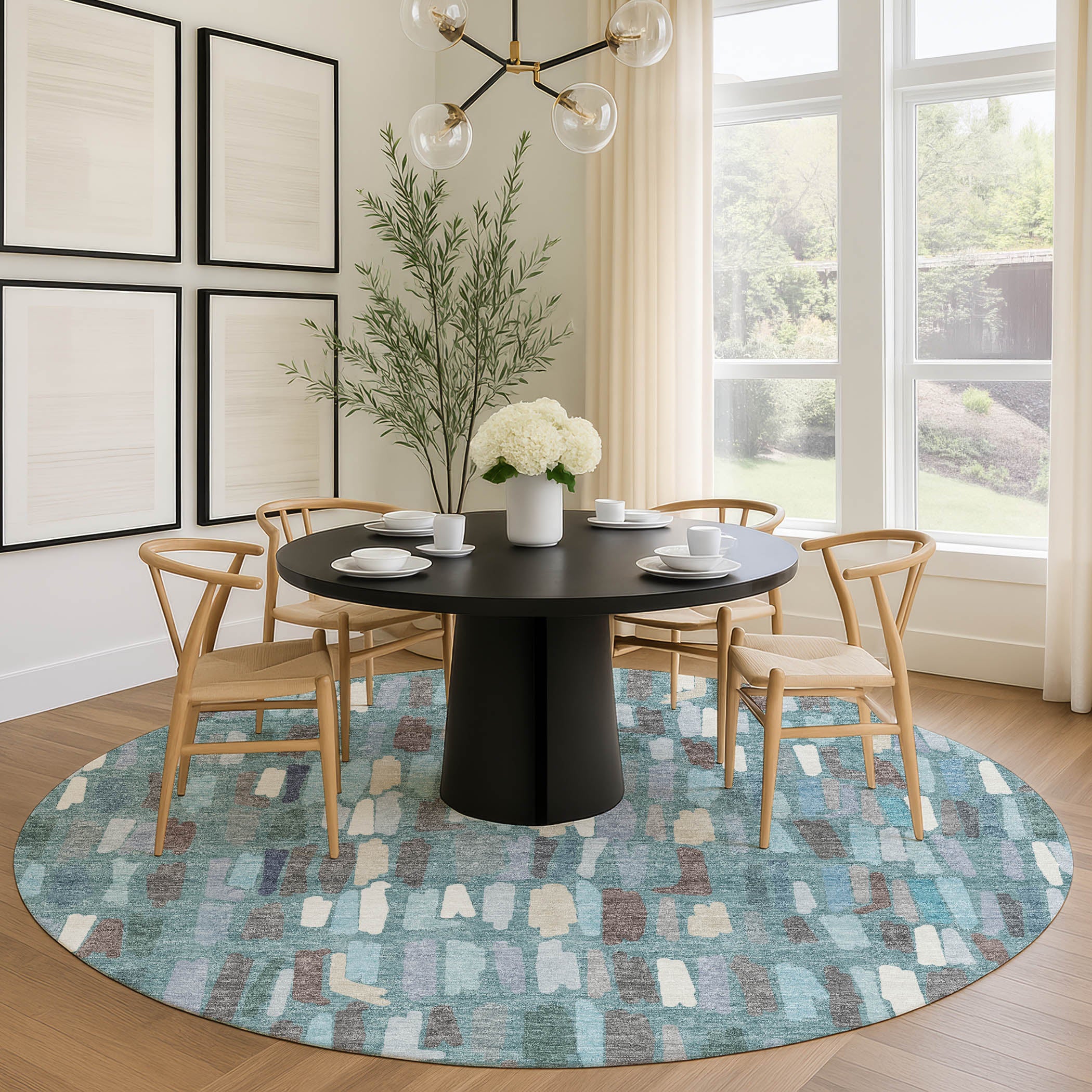 Oaxaca Machine Washable Transitional Teal Rug 8' x 8' #shape_Round