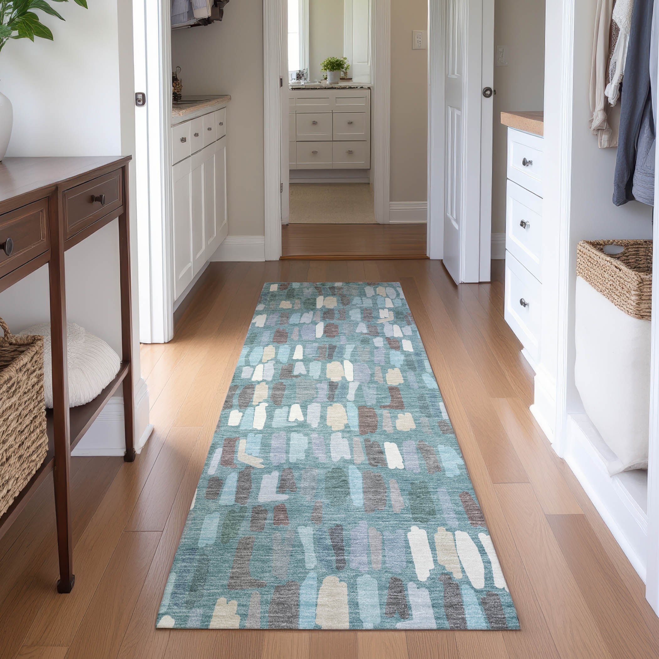Oaxaca Machine Washable Transitional Teal Rug 2'3" x 7'6" #shape_Runner