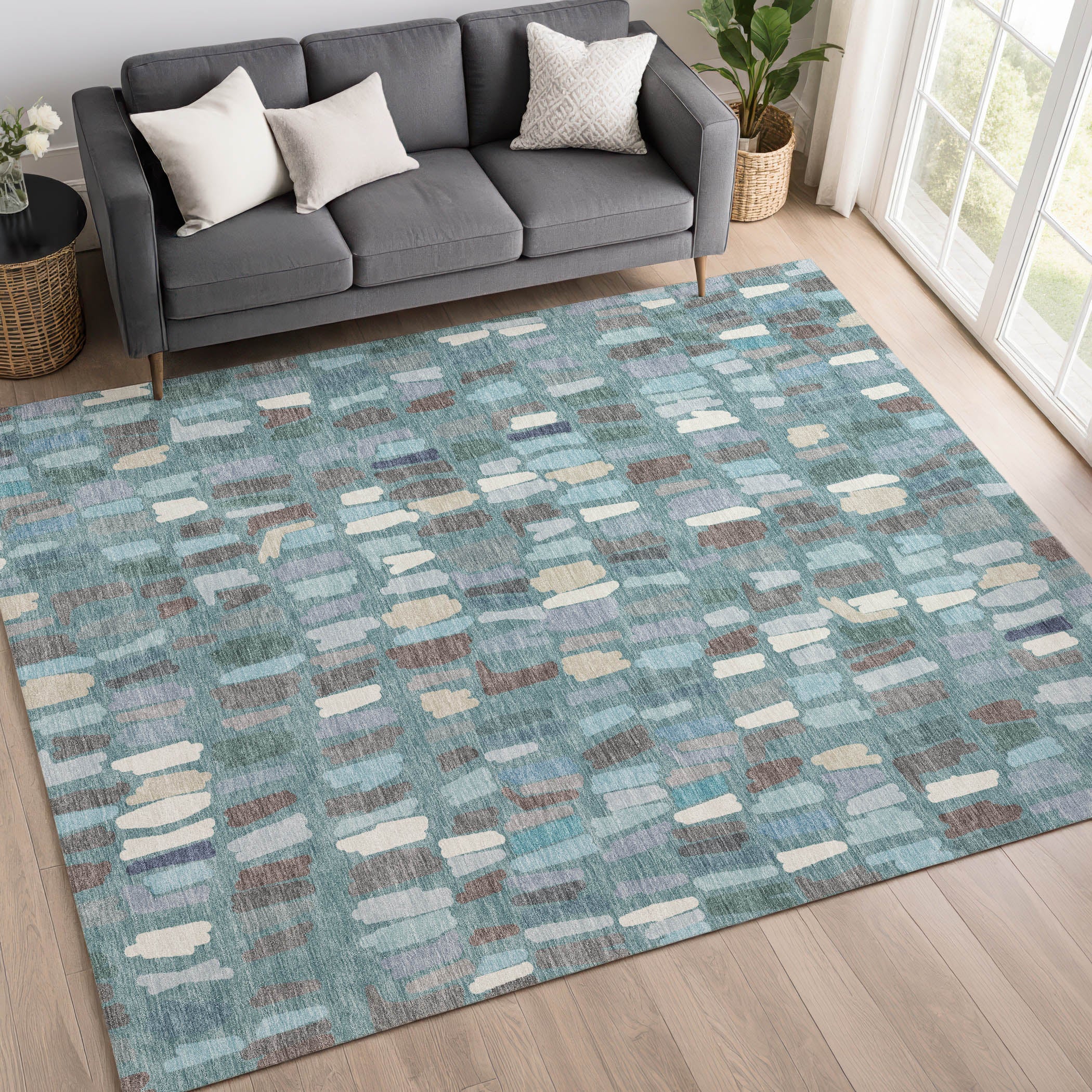 Oaxaca Machine Washable Transitional Teal Rug 3' x 5' #shape_Rectangle