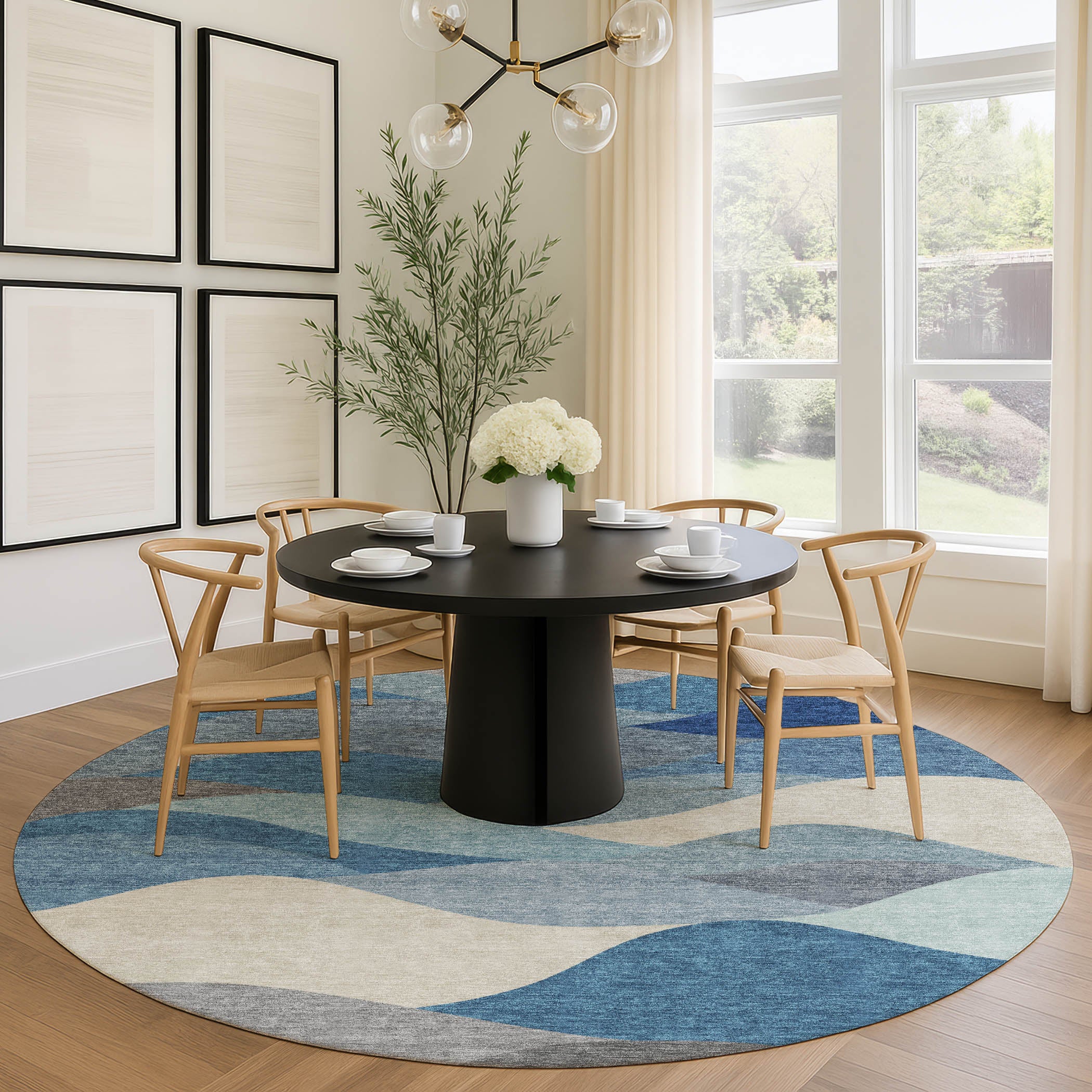 Prague Machine Washable Transitional Blue Rug 8' x 8' #shape_Round