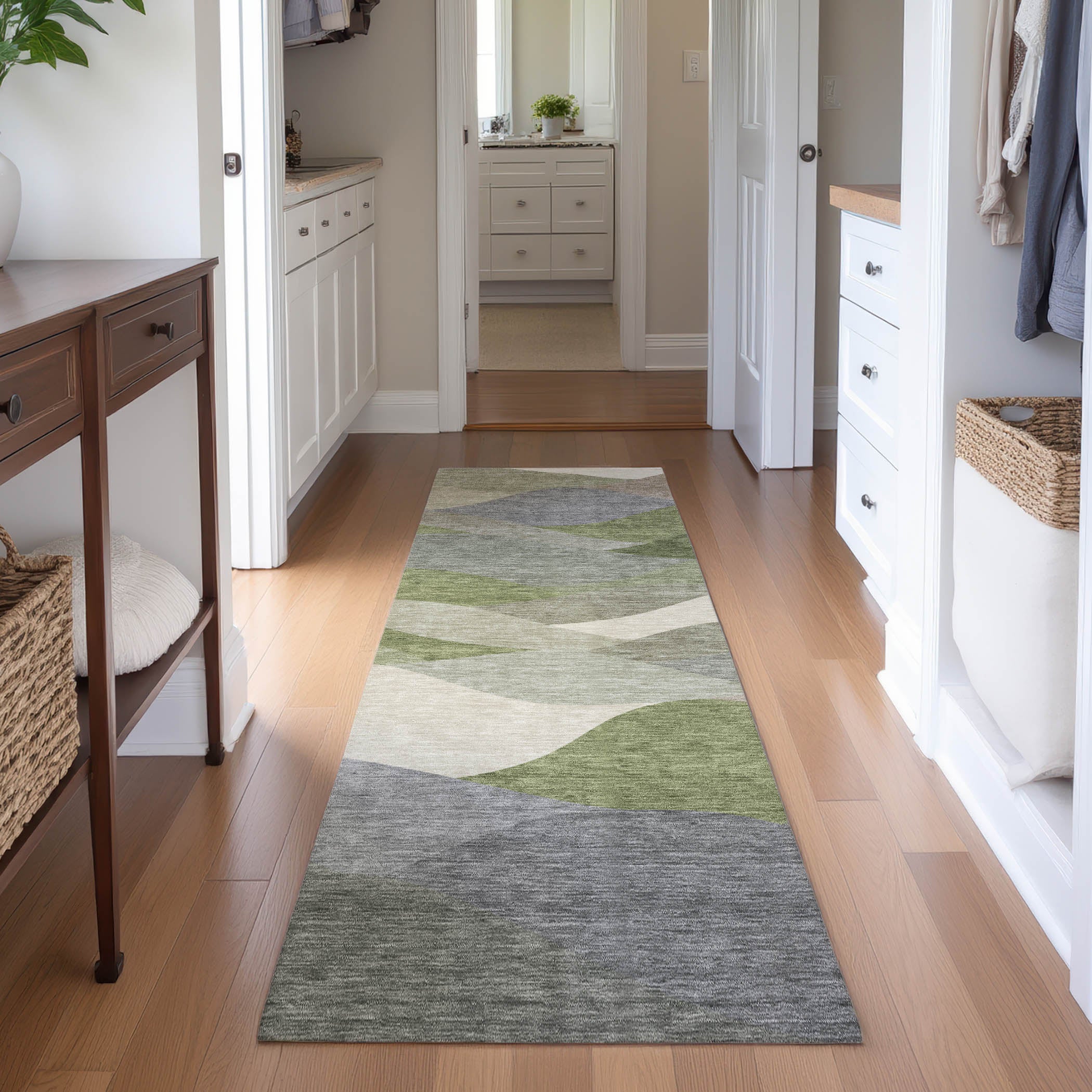 Prague Machine Washable Transitional Green Rug 2'3" x 7'6" #shape_Runner