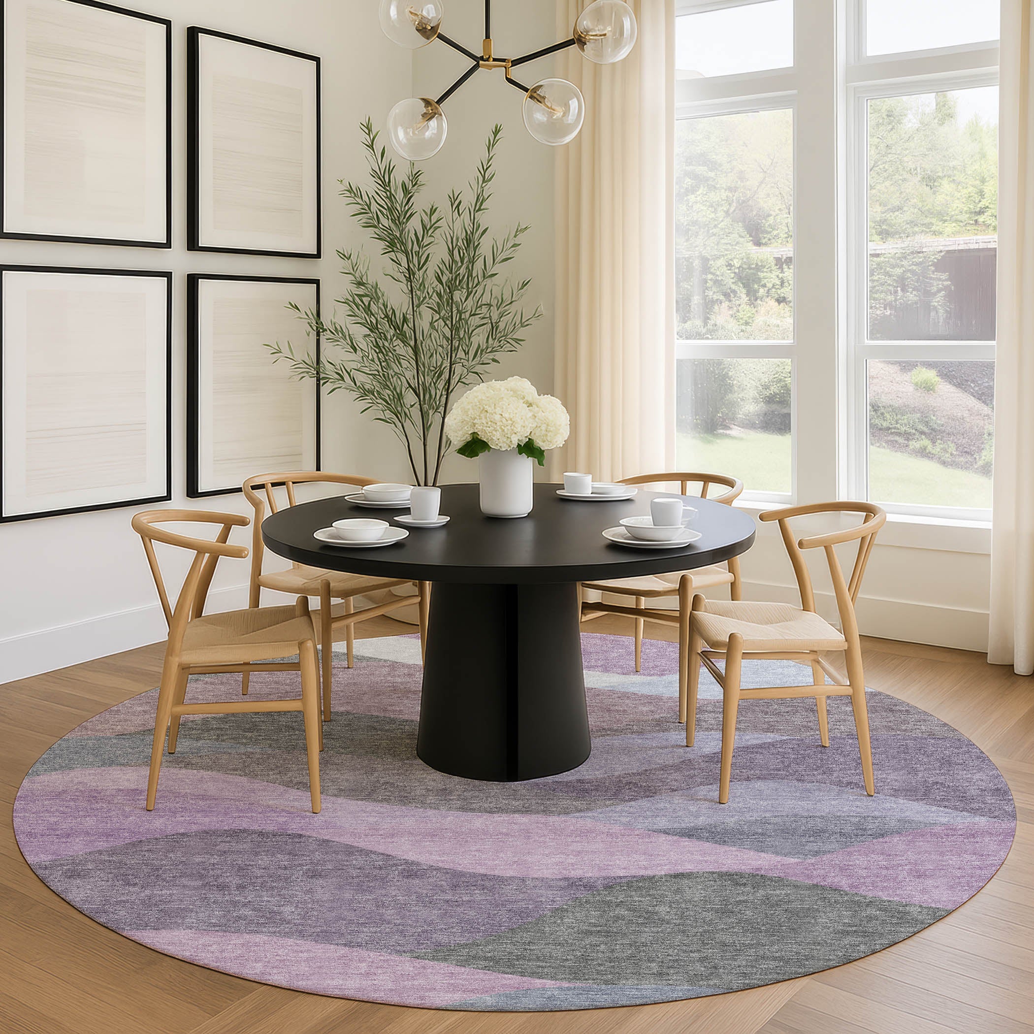 Prague Machine Washable Transitional Plum Purple Rug 8' x 8' #shape_Round