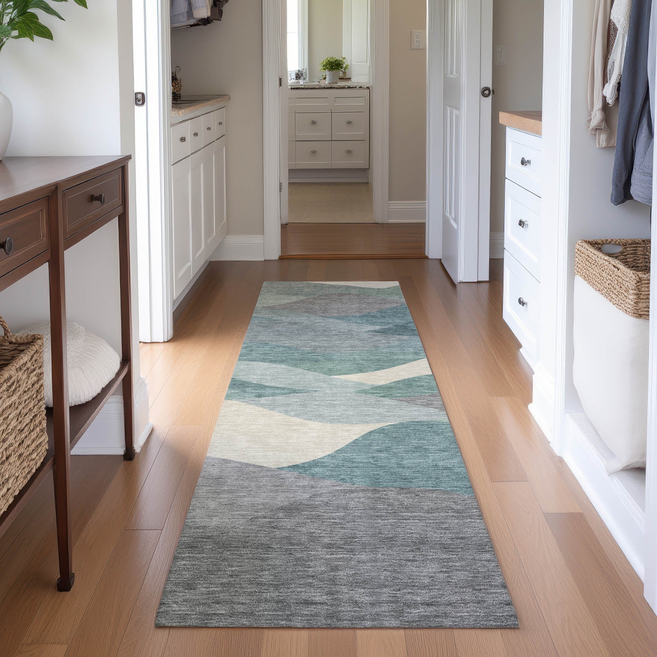Prague Machine Washable Transitional Teal Rug 2'3" x 7'6" #shape_Runner