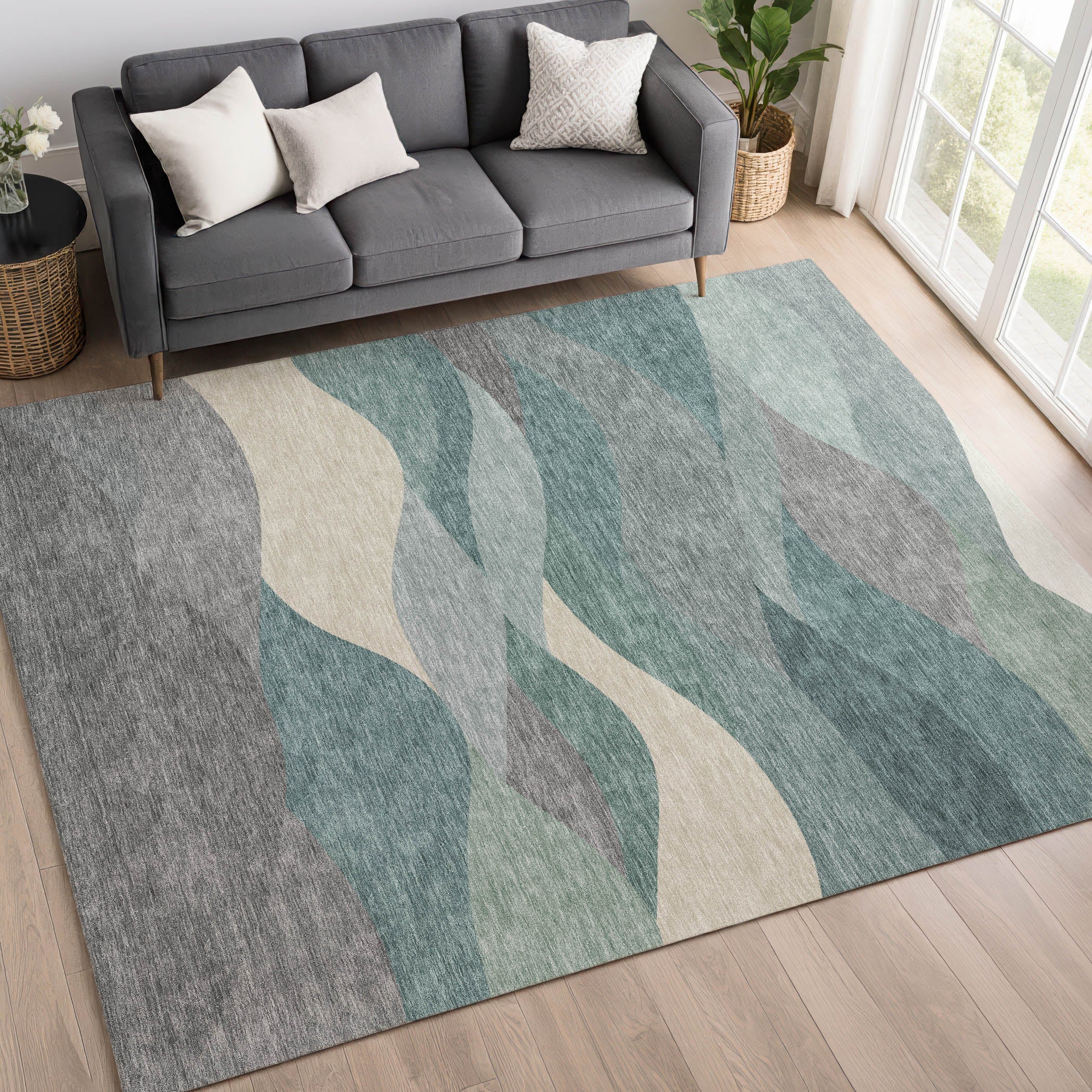 Prague Machine Washable Transitional Teal Rug 3' x 5' #shape_Rectangle