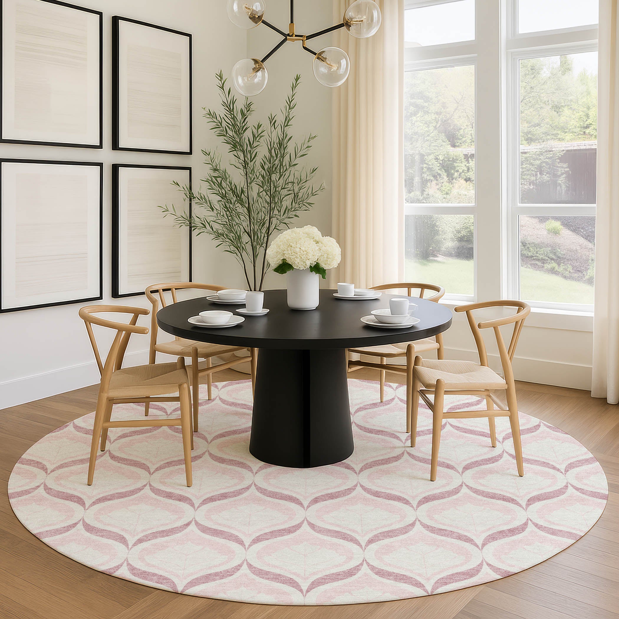 Bergen Machine Washable Transitional Pink Rug 8' x 8' #shape_Round