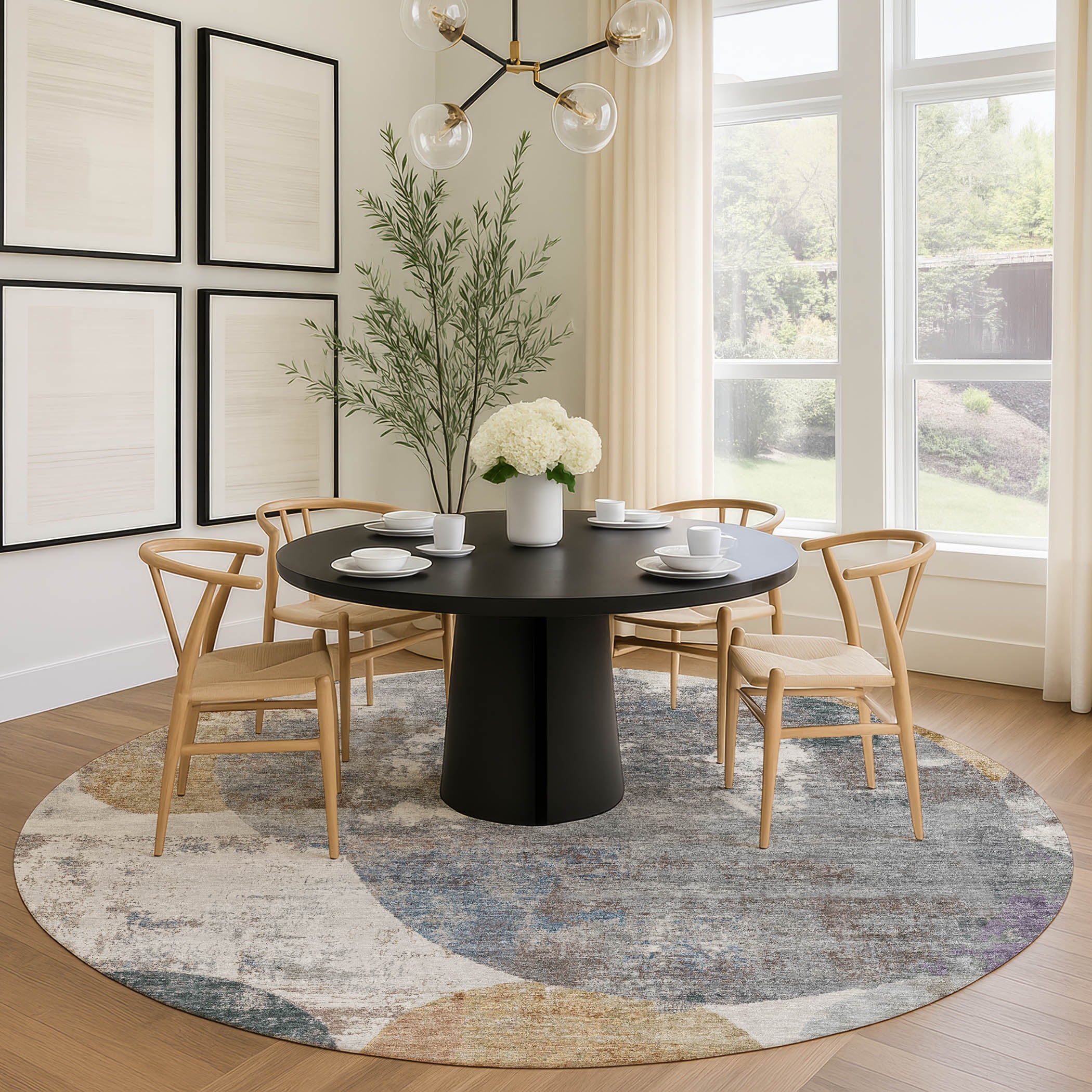 Sintra Machine Washable Transitional Khaki Brown Rug 8' x 8' #shape_Round