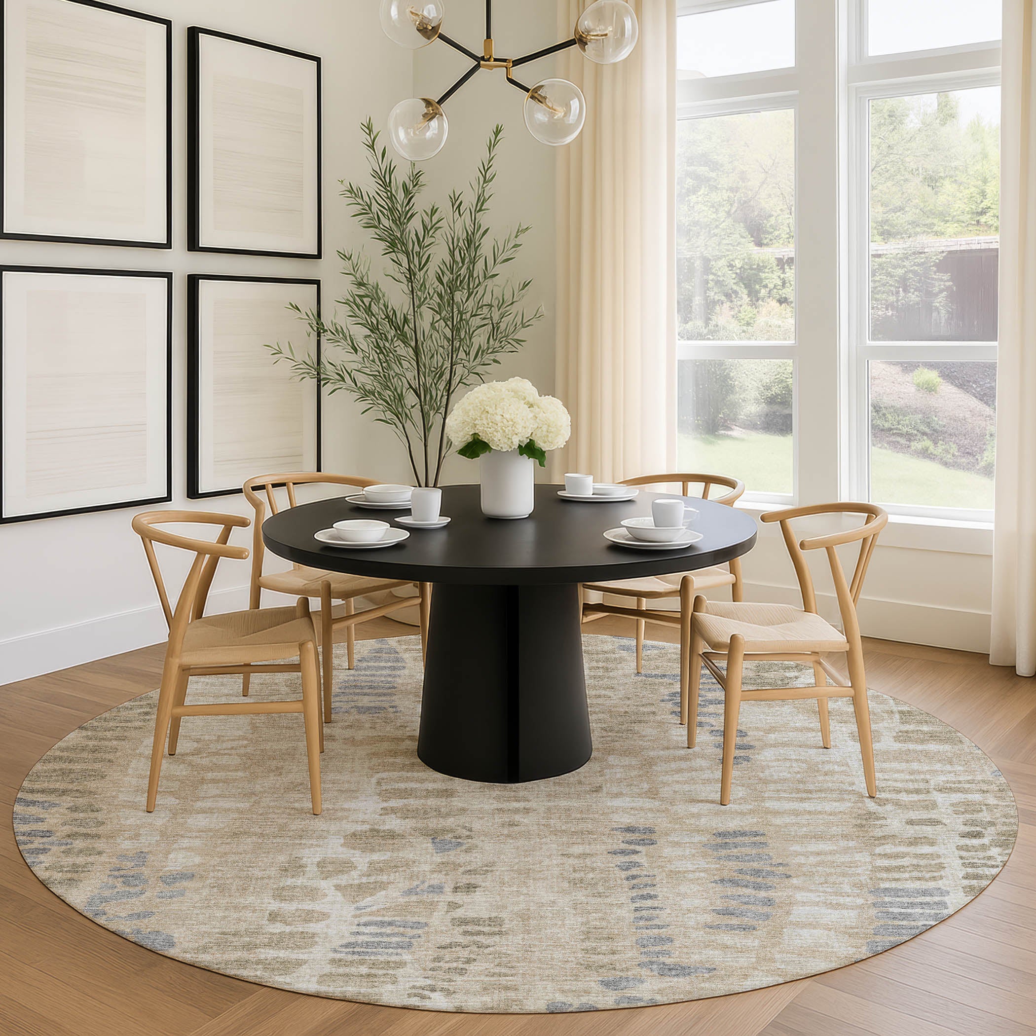 Montevideo Machine Washable Transitional Beige Brown Rug 8' x 8' #shape_Round