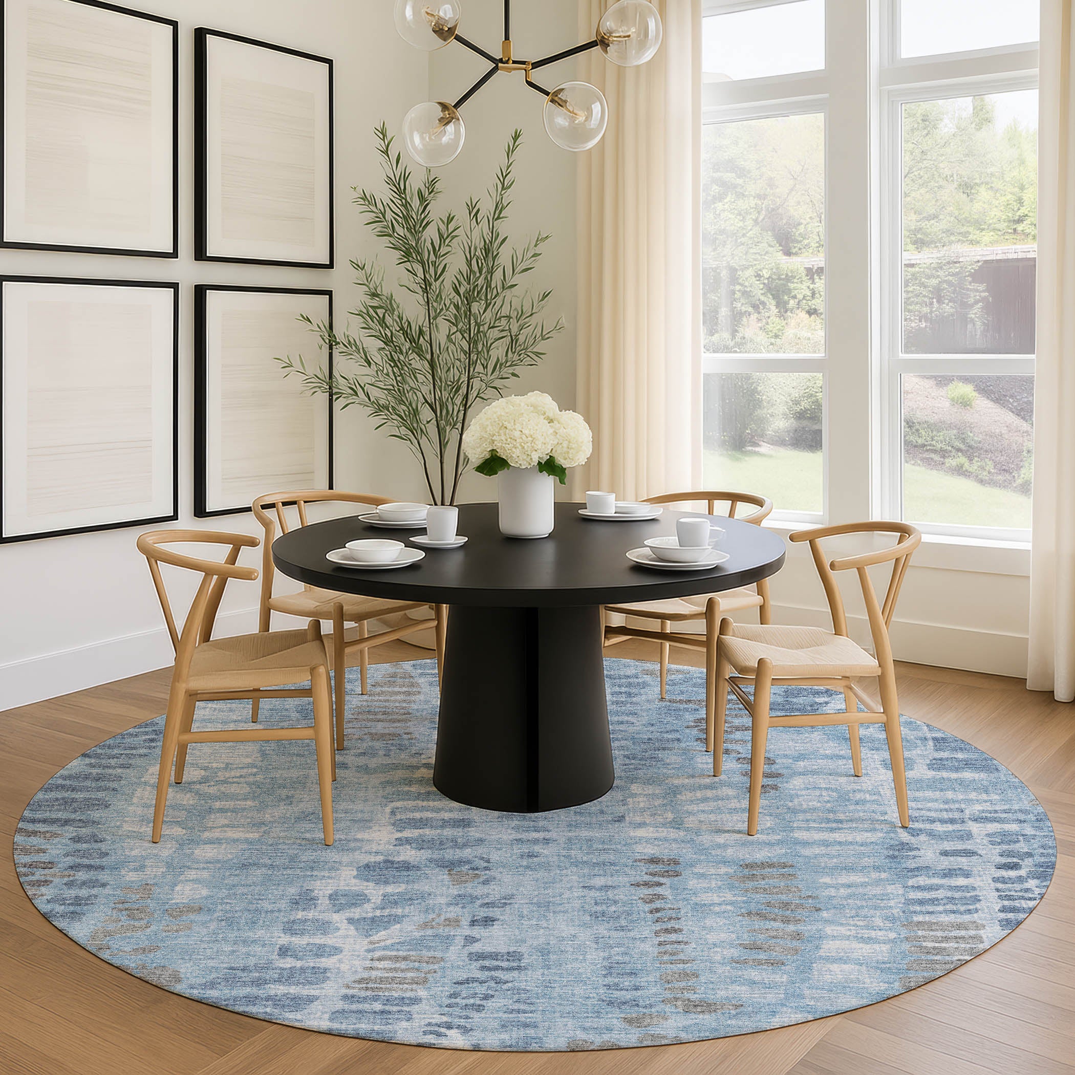 Montevideo Machine Washable Transitional Denim Blue Rug 8' x 8' #shape_Round