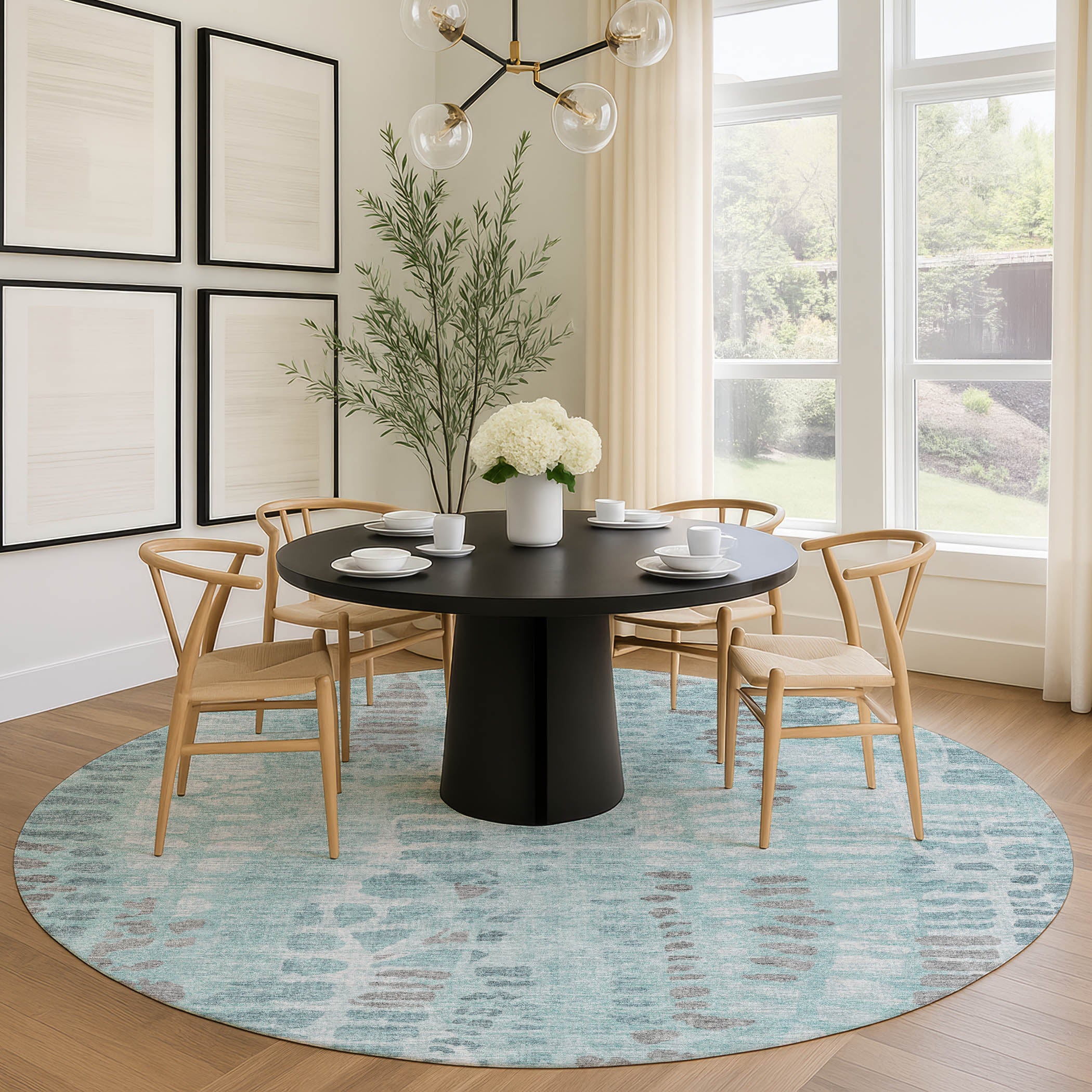 Montevideo Machine Washable Transitional Teal Rug 8' x 8' #shape_Round