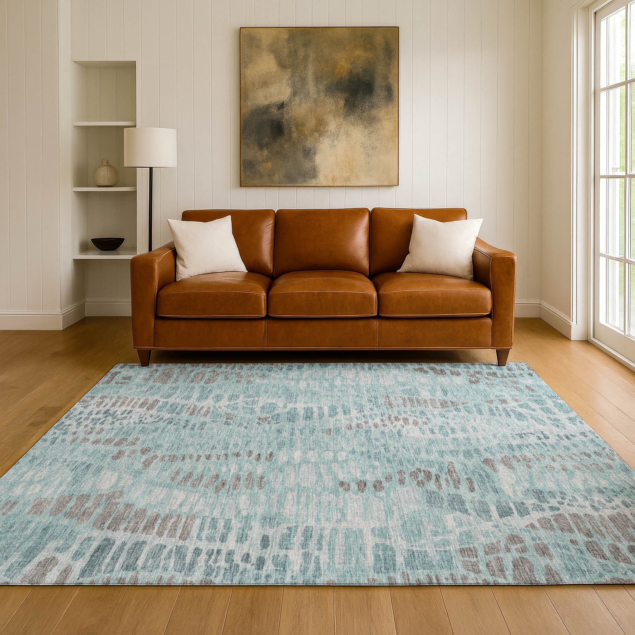 Montevideo Machine Washable Transitional Teal Rug 3' x 5' #shape_Rectangle