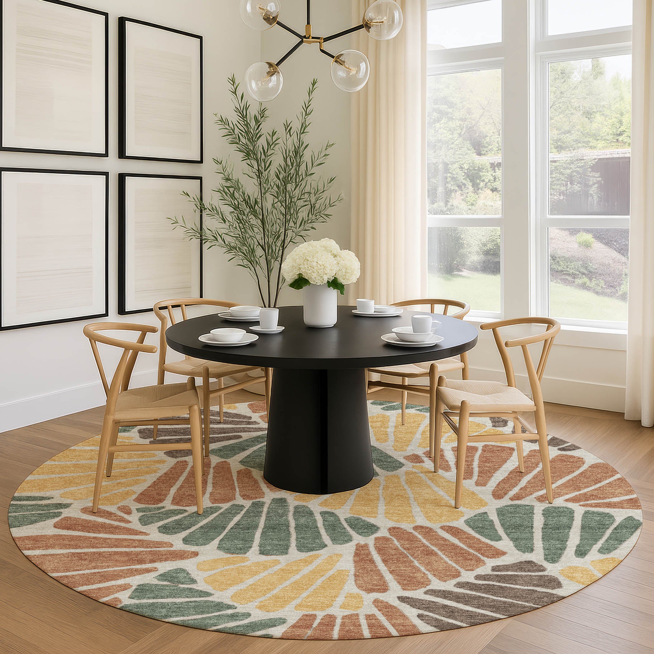 Luang Prabang Machine Washable Transitional Basil Green Rug 8' x 8' #shape_Round