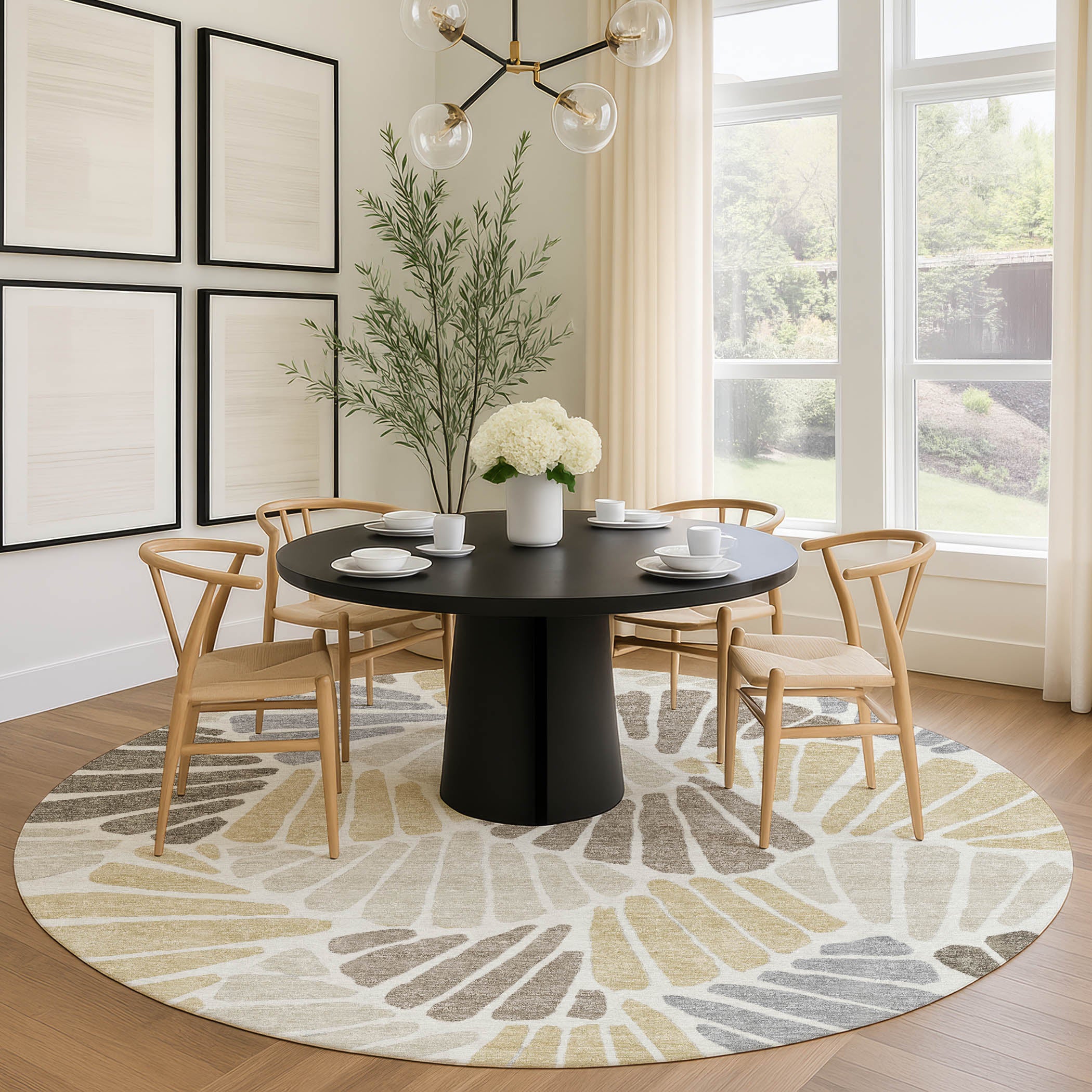 Luang Prabang Machine Washable Transitional Beige Brown Rug 8' x 8' #shape_Round