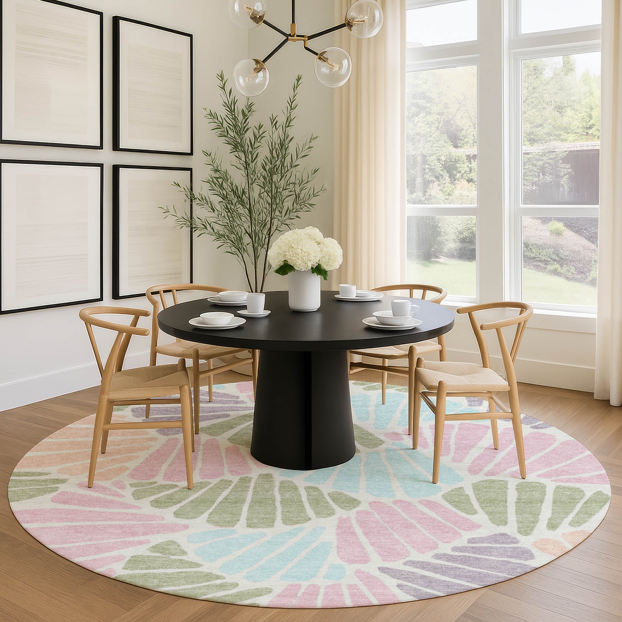 Luang Prabang Machine Washable Traditional Sage Green Rug 8' x 8' #shape_Round