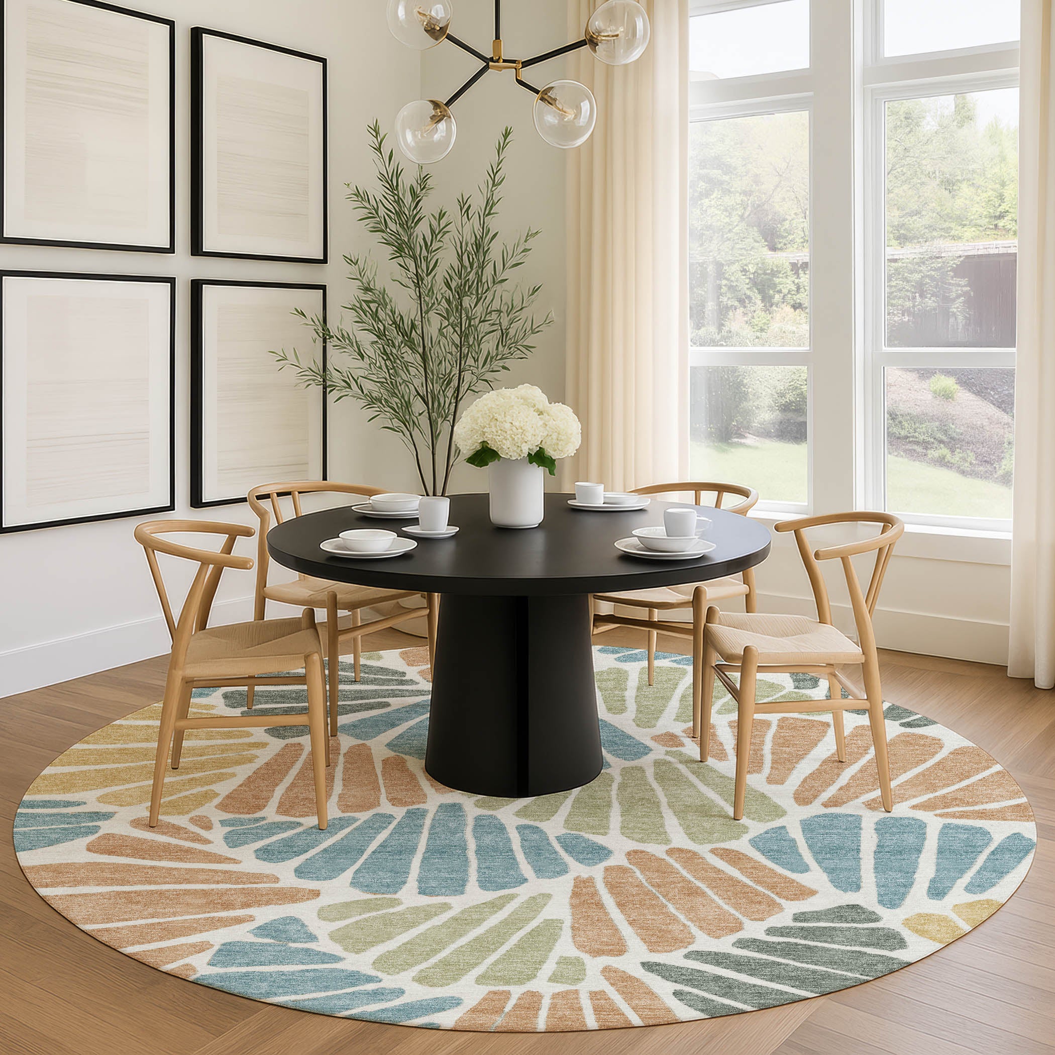 Luang Prabang Machine Washable Traditional Seafoam Blue Rug 8' x 8' #shape_Round