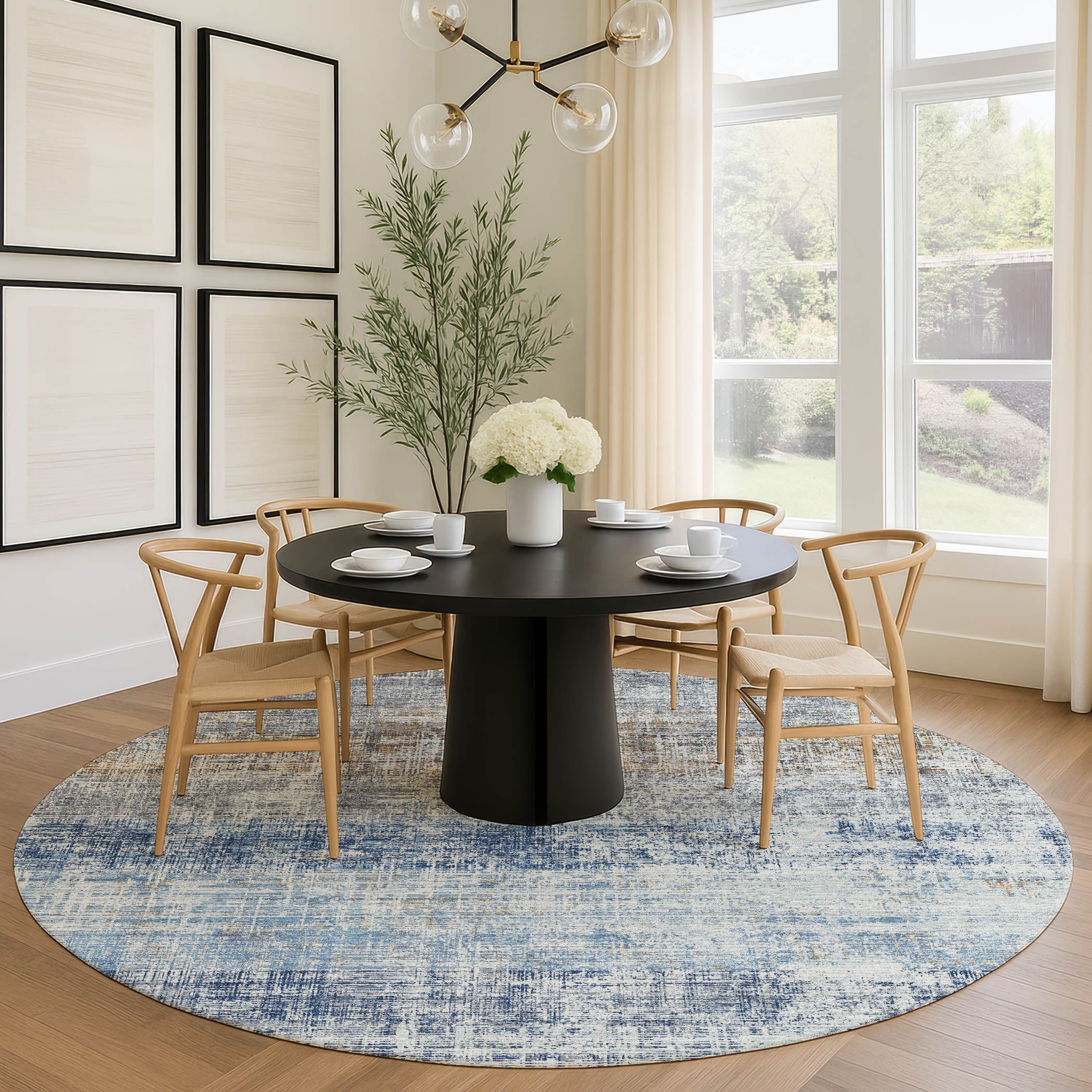 Bruges Machine Washable Traditional Denim Blue Rug 8' x 8' #shape_Round