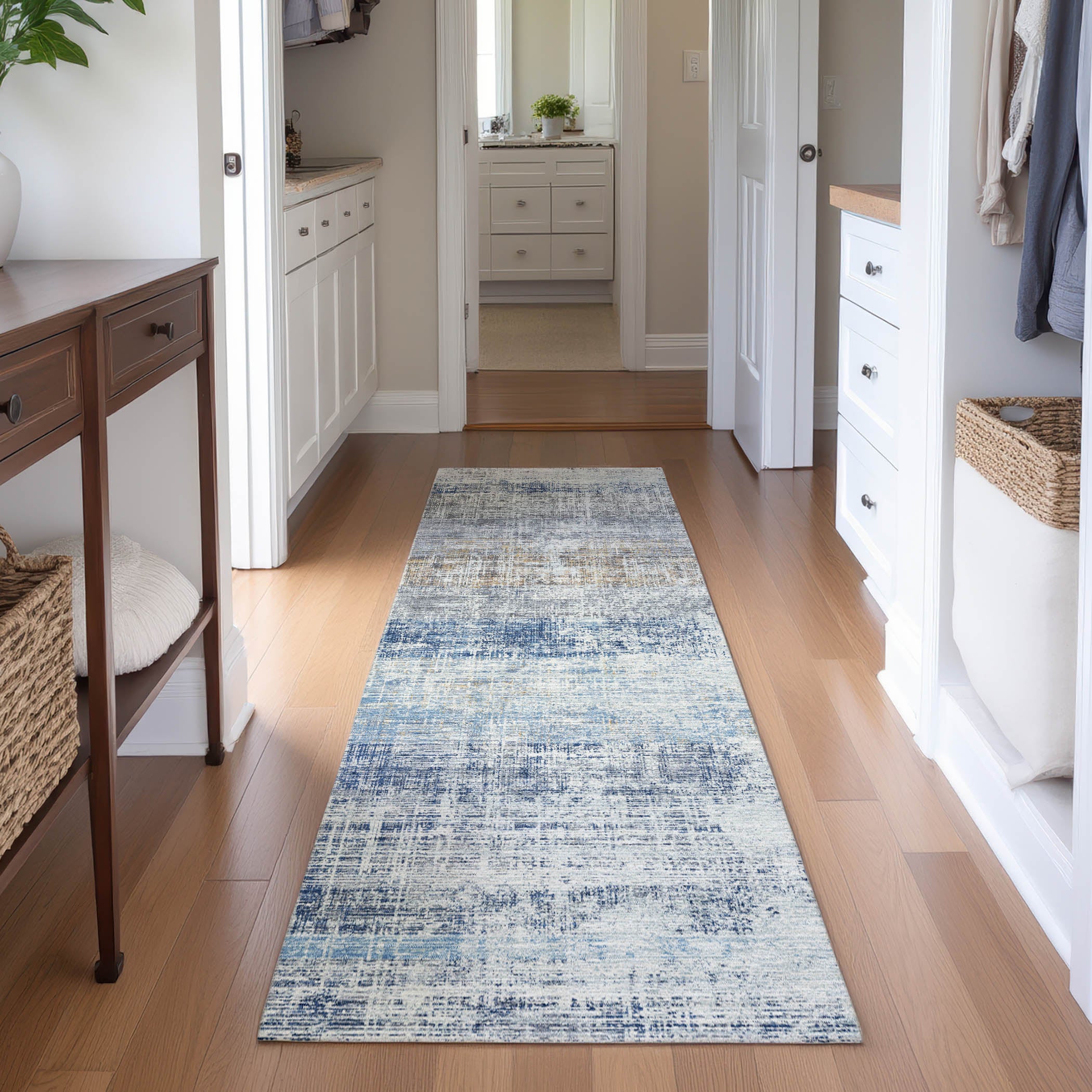 Bruges Machine Washable Traditional Denim Blue Rug 2'3" x 7'6" #shape_Runner