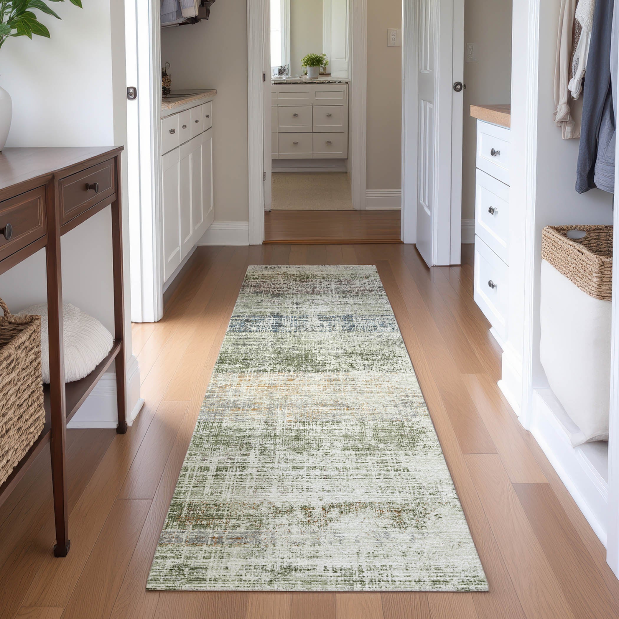 Bruges Machine Washable Traditional Olive Green Rug 2'3" x 7'6" #shape_Runner