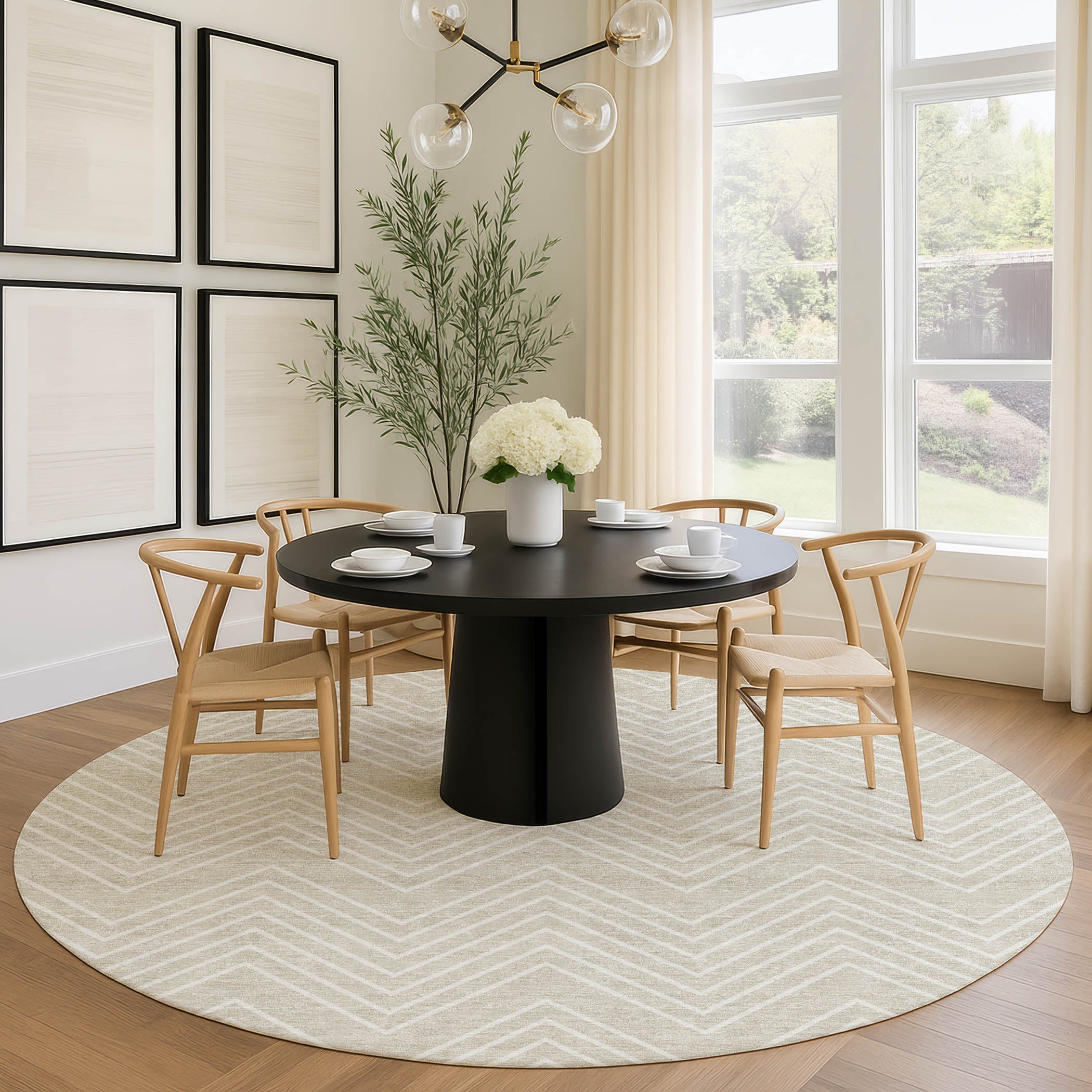 Chiang Mai Machine Washable Traditional Beige Brown Rug 8' x 8' #shape_Round