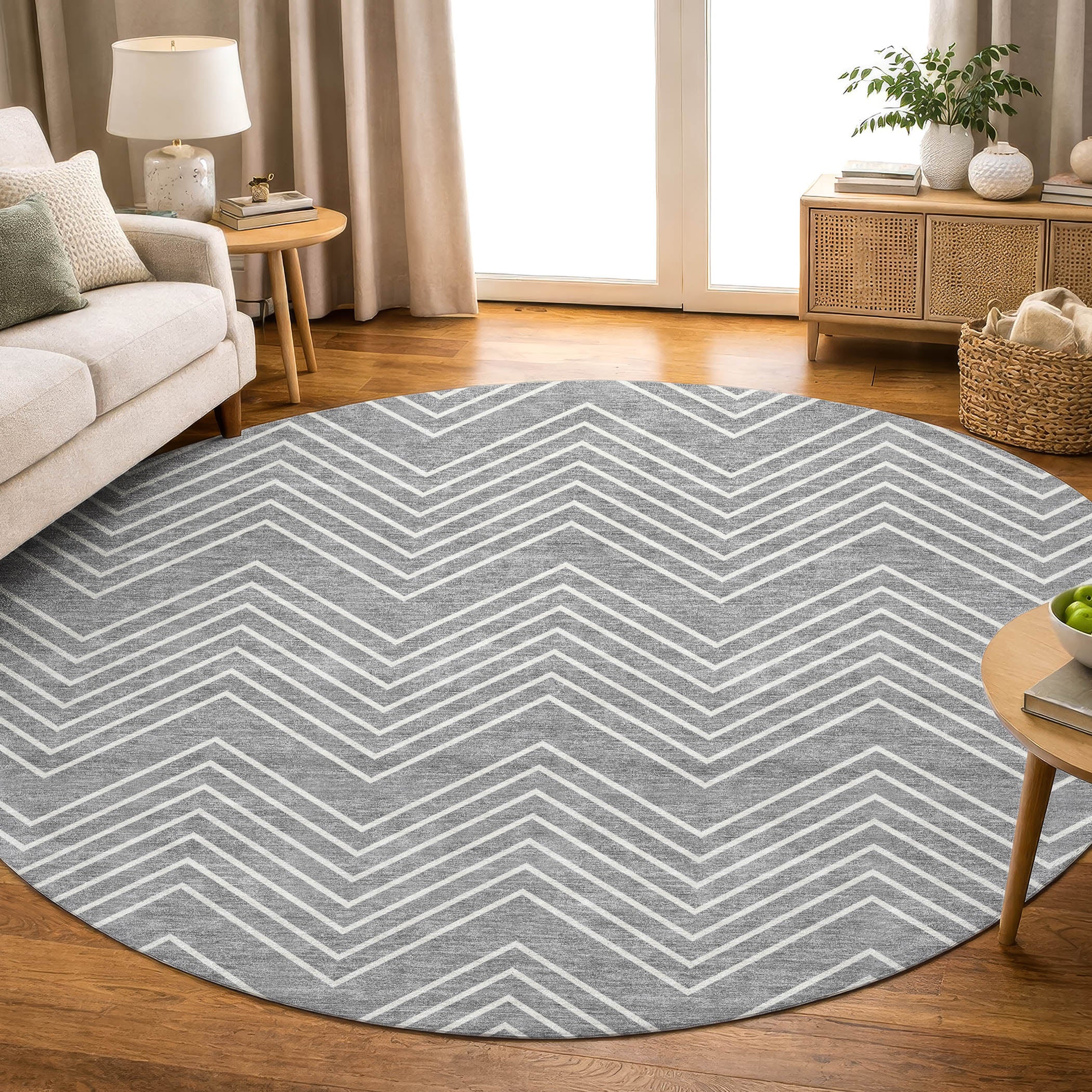 Chiang Mai Machine Washable Transitional Gray Rug 8' x 8' #shape_Round