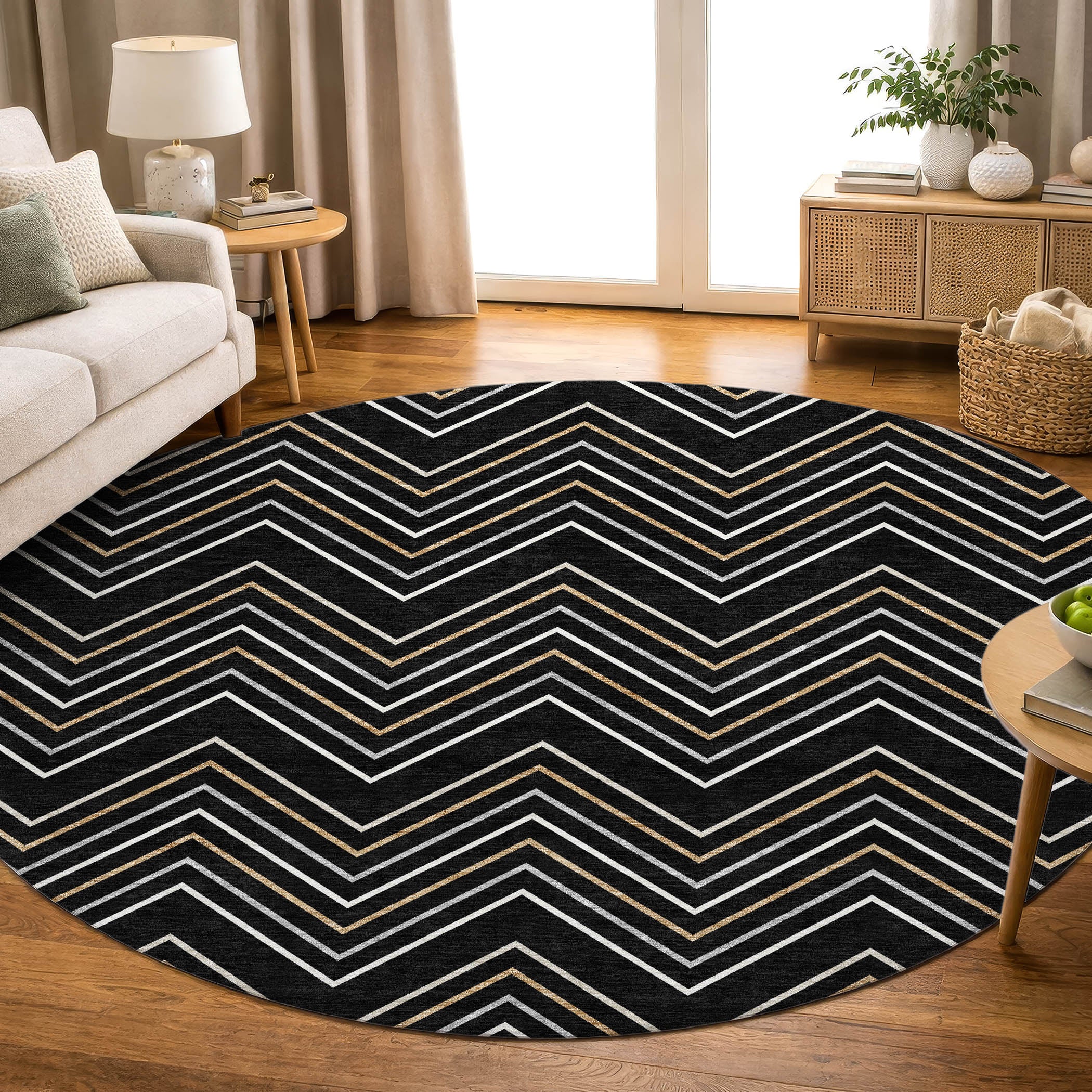 Mostar Machine Washable Transitional Black Rug 8' x 8' #shape_Round