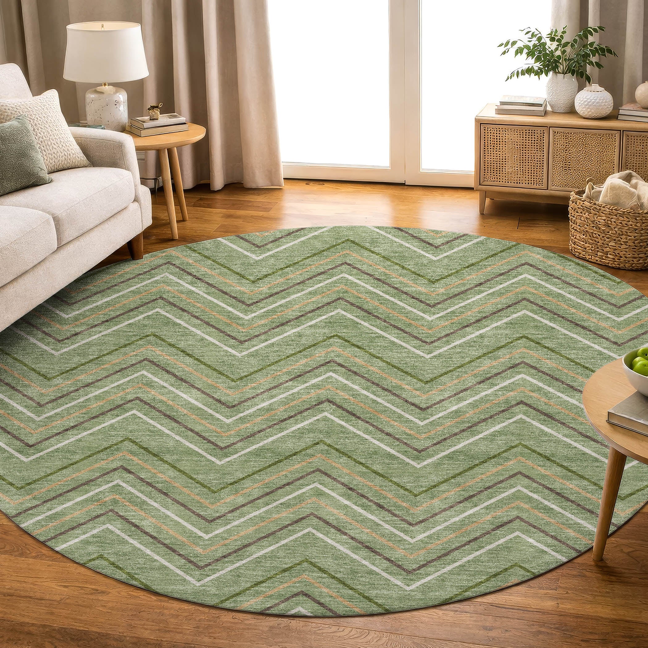 Mostar Machine Washable Transitional Green Rug 8' x 8' #shape_Round