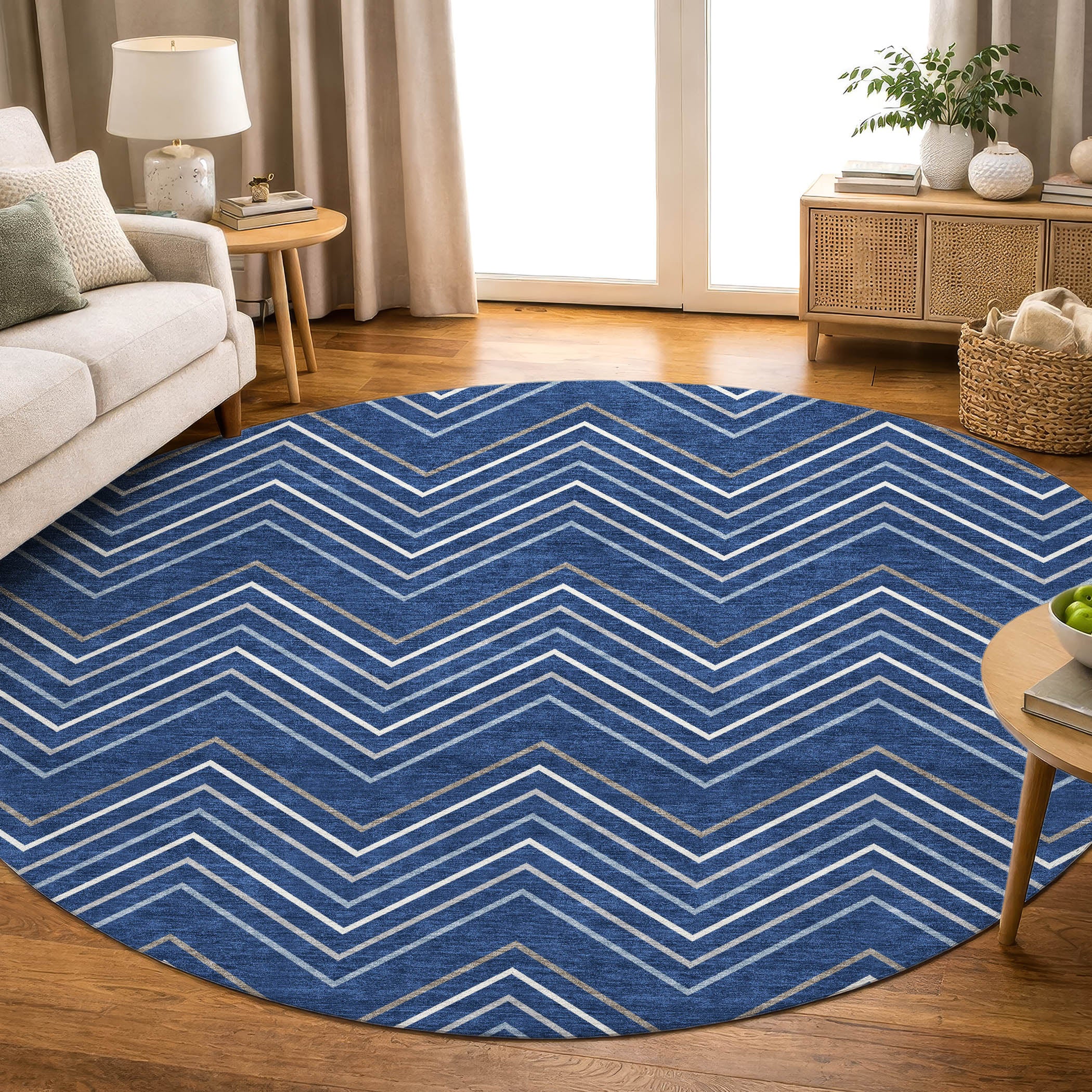 Mostar Machine Washable Traditional Navy Blue Rug 8' x 8' #shape_Round