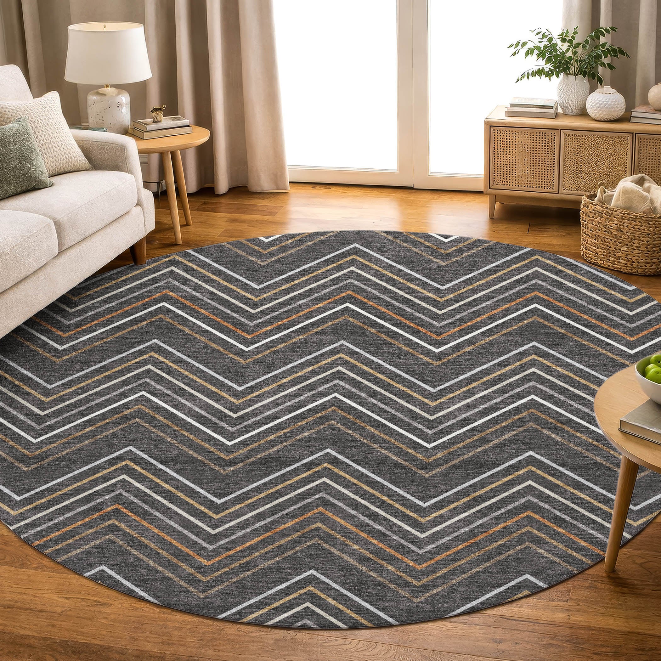 Santorini Machine Washable Traditional Charcoal Gray Rug 8' x 8' #shape_Round