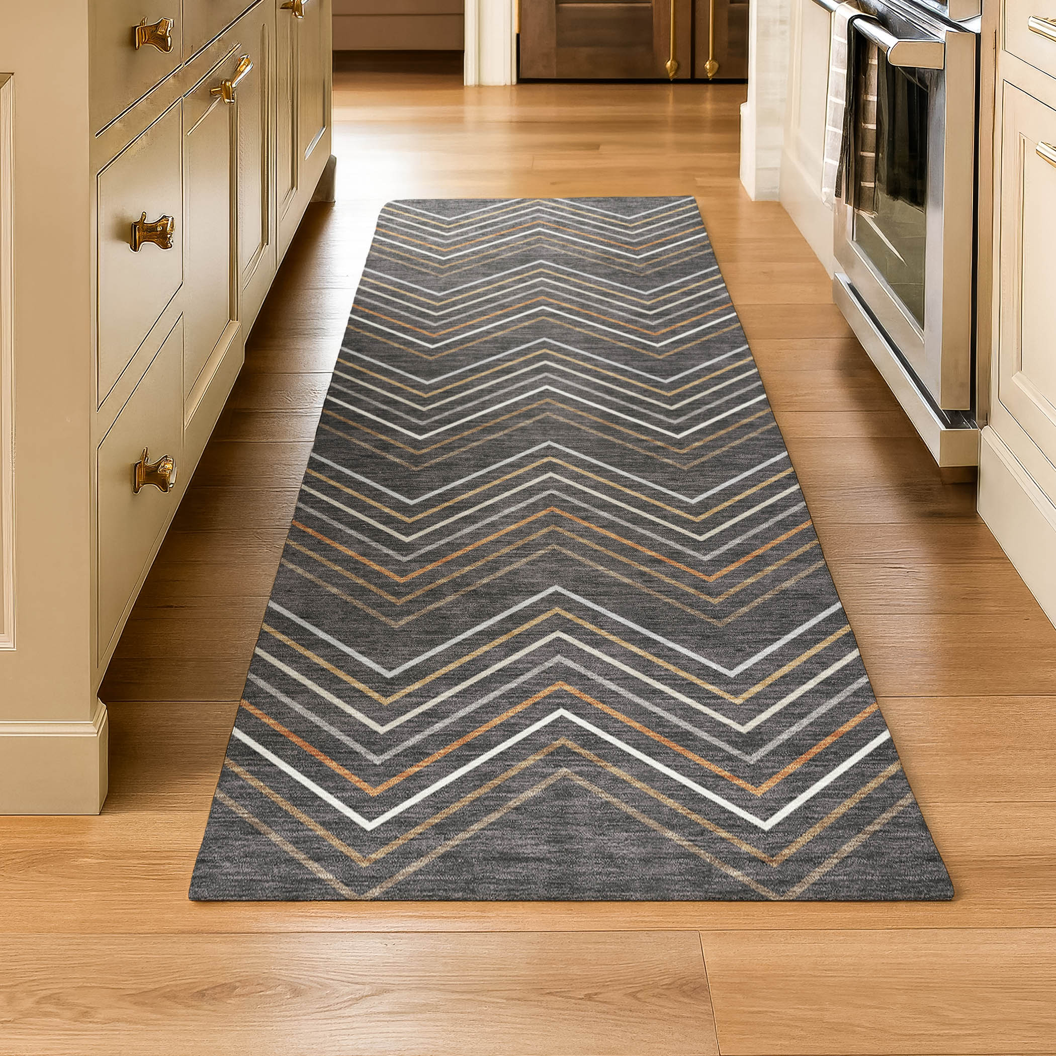 Santorini Machine Washable Traditional Charcoal Gray Rug 2'3" x 7'6" #shape_Runner