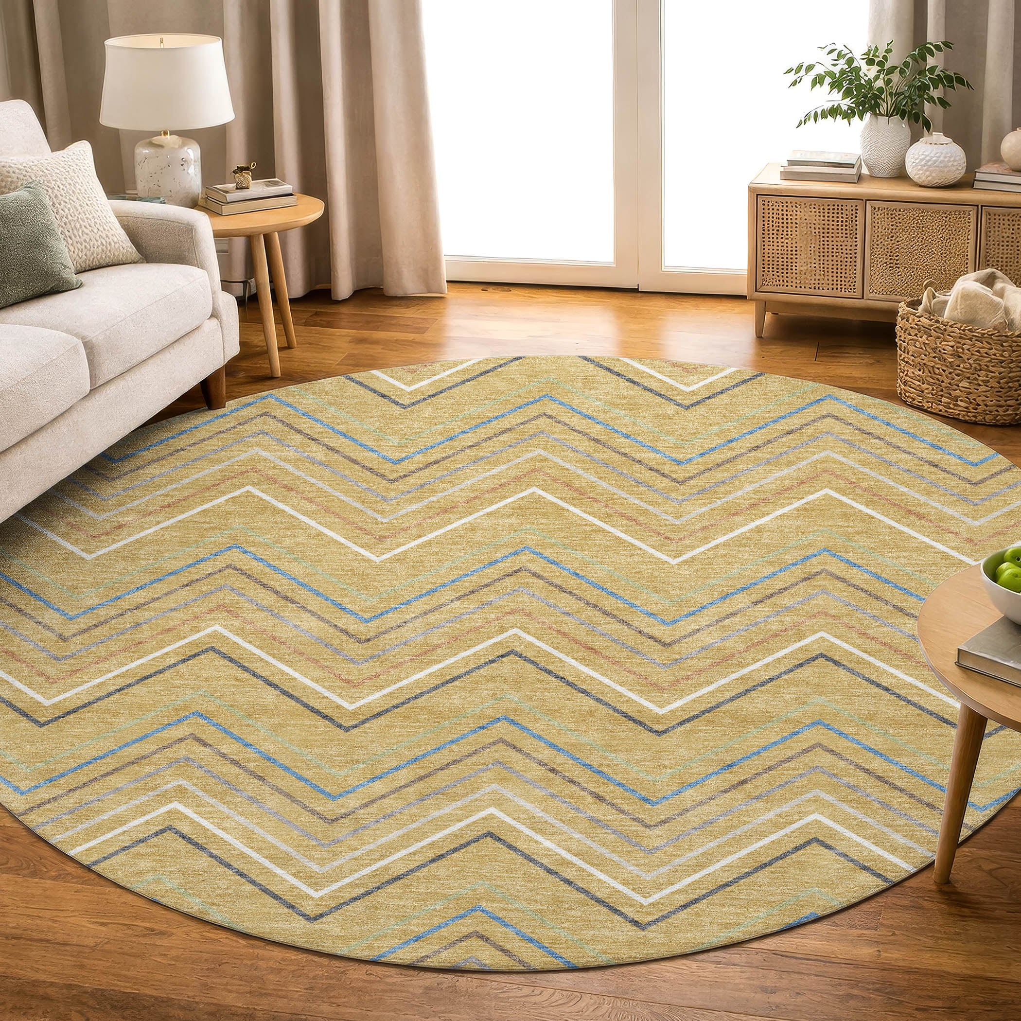 Santorini Machine Washable Traditional Gold Rug 8' x 8' #shape_Round