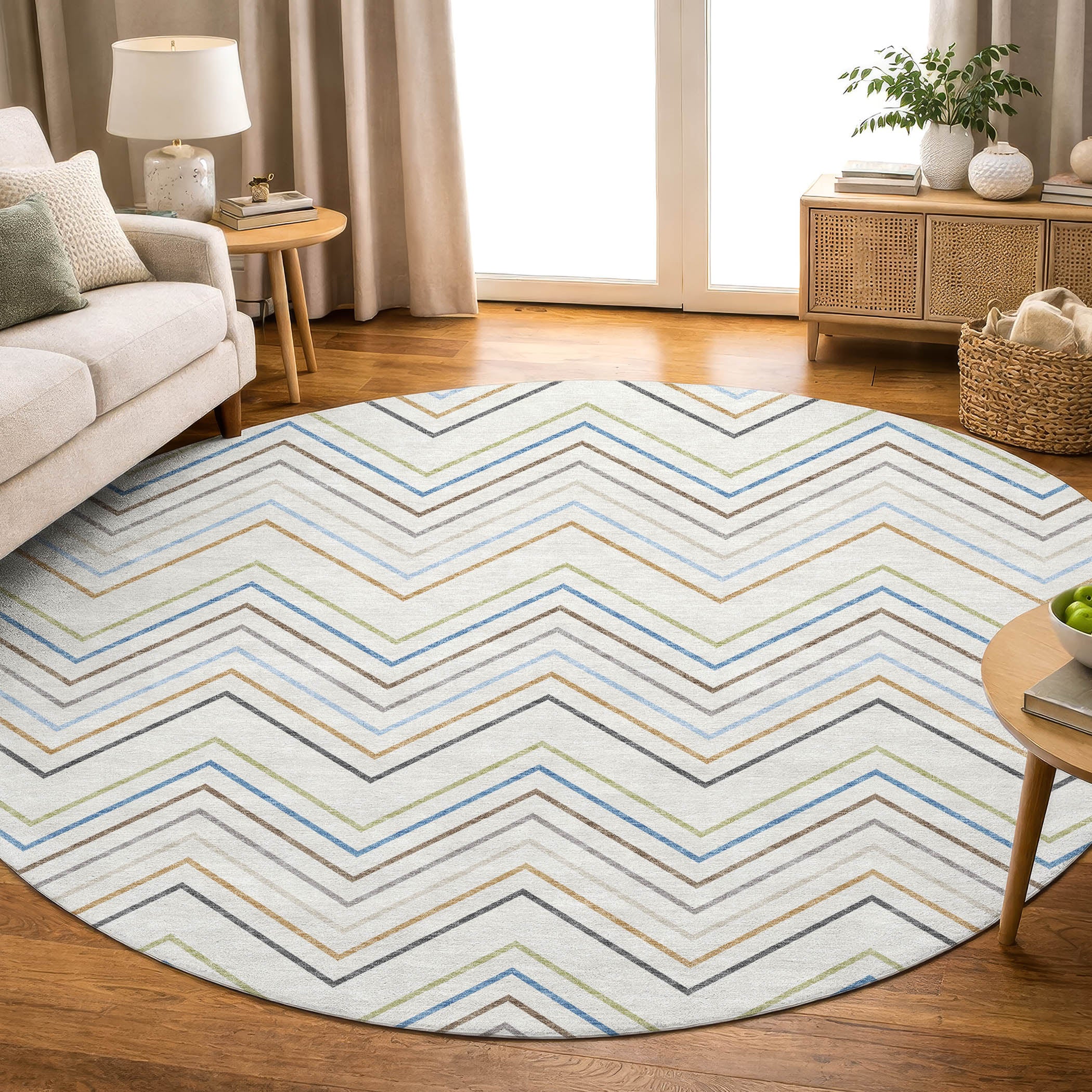 Santorini Machine Washable Traditional Ivory Rug 8' x 8' #shape_Round