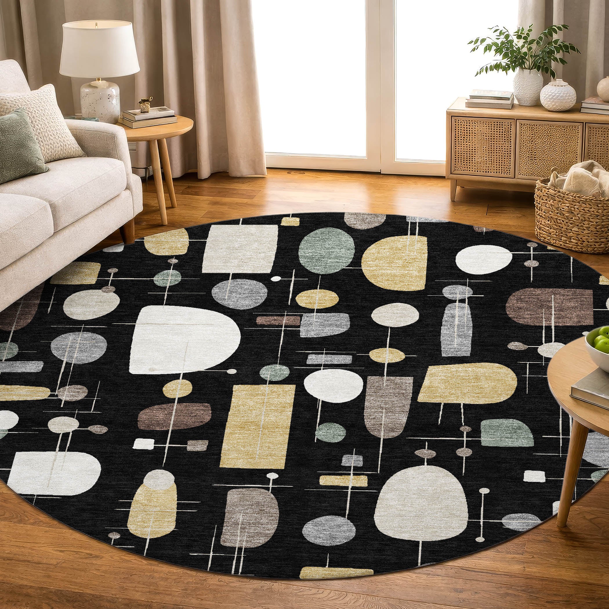 Sarajevo Machine Washable Transitional Black Rug 8' x 8' #shape_Round