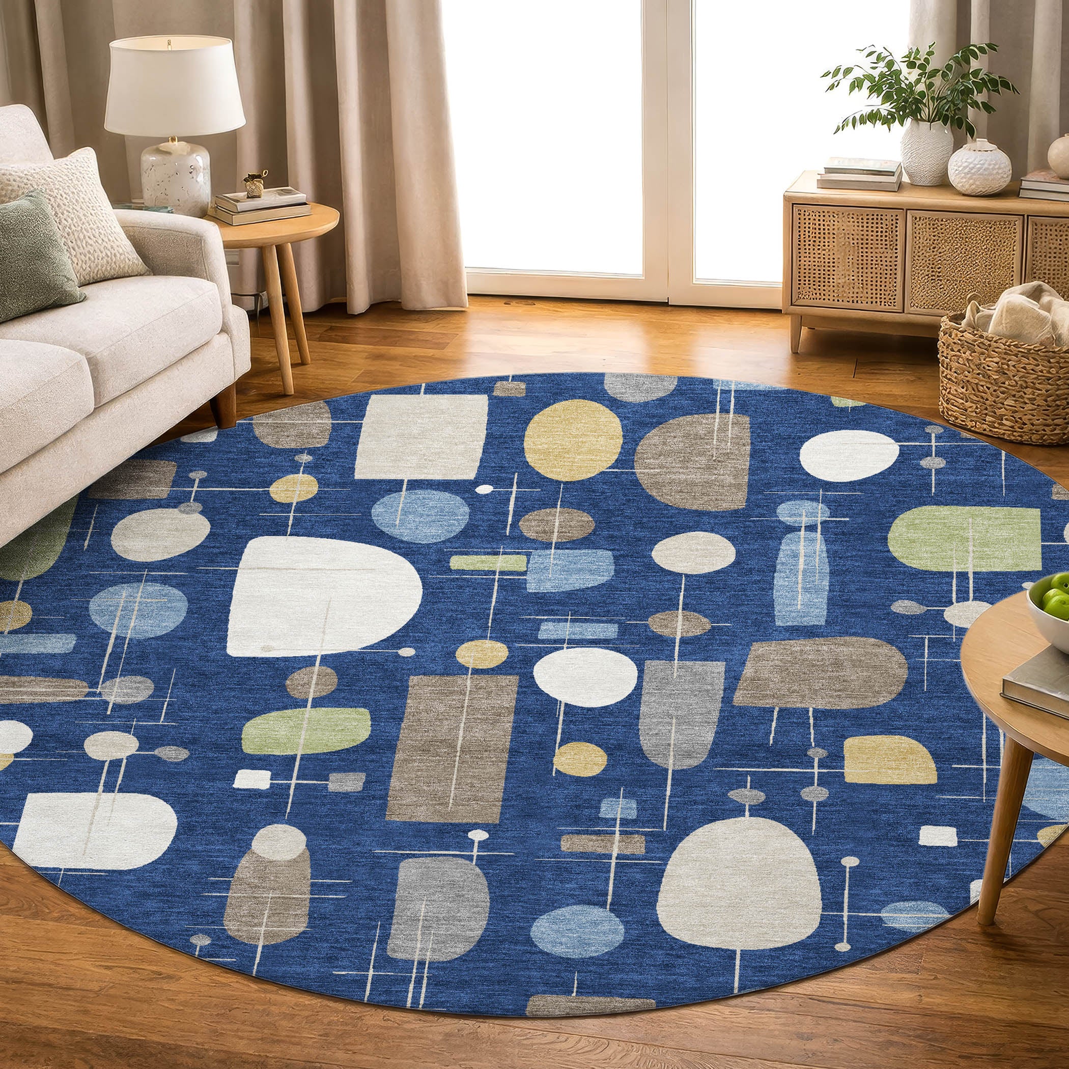 Sarajevo Machine Washable Transitional Navy Blue Rug 8' x 8' #shape_Round