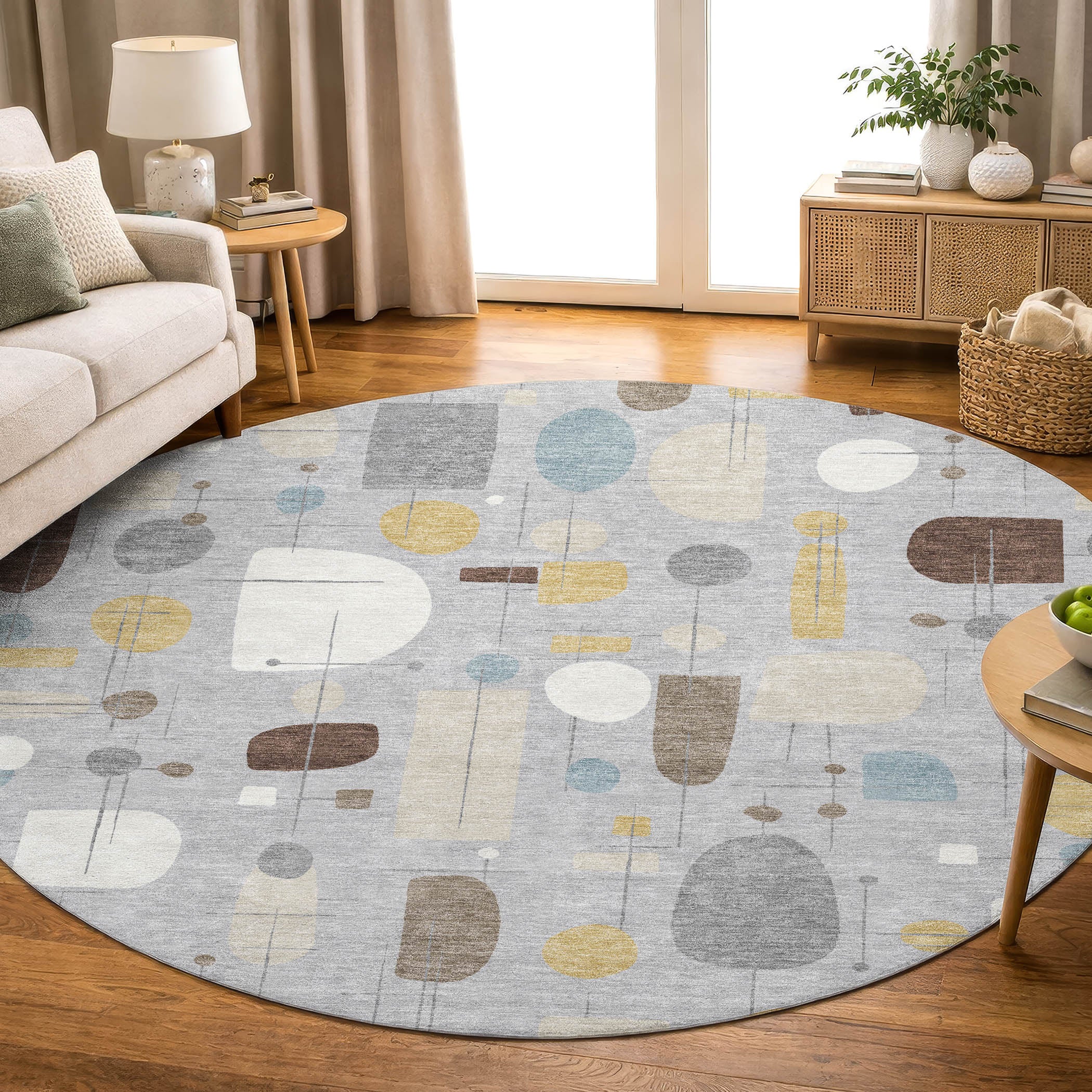 Sarajevo Machine Washable Transitional Silver Gray Rug 8' x 8' #shape_Round