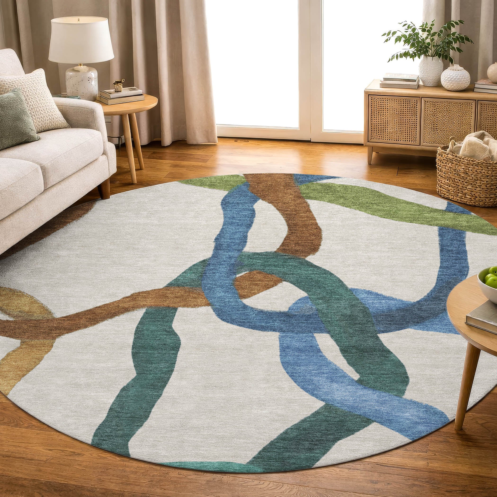 Queenstown Machine Washable Transitional Beige Brown Rug 8' x 8' #shape_Round