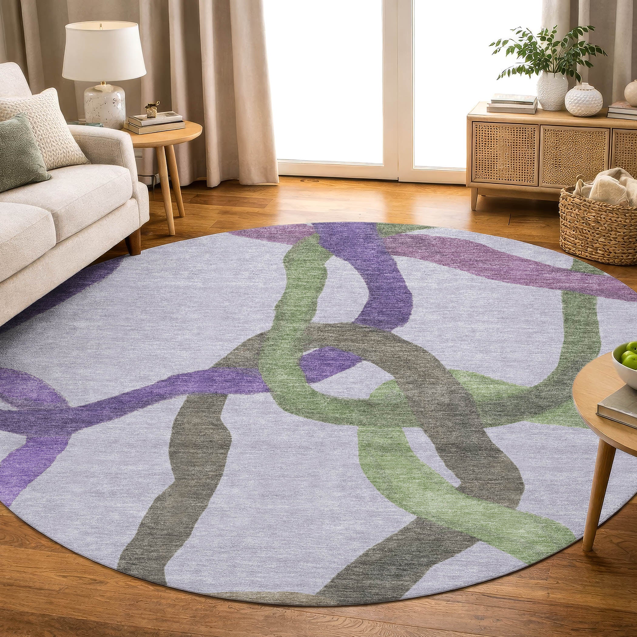 Queenstown Machine Washable Transitional Lavender Purple Rug 8' x 8' #shape_Round