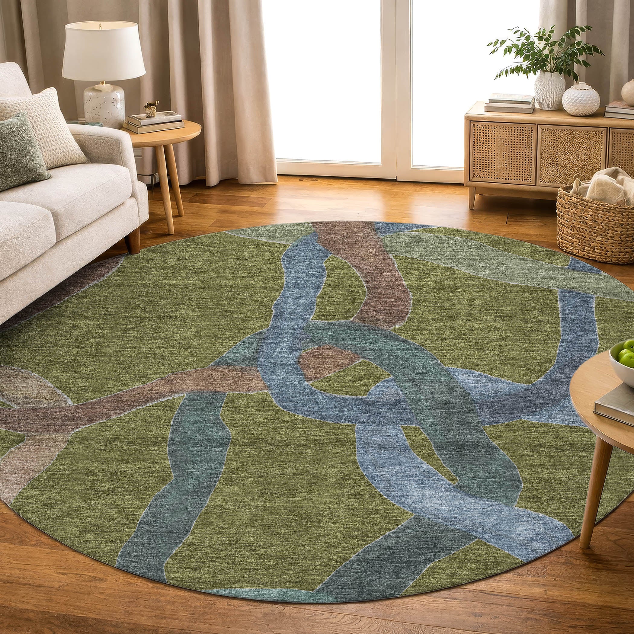 Queenstown Machine Washable Transitional Olive Green Rug 8' x 8' #shape_Round