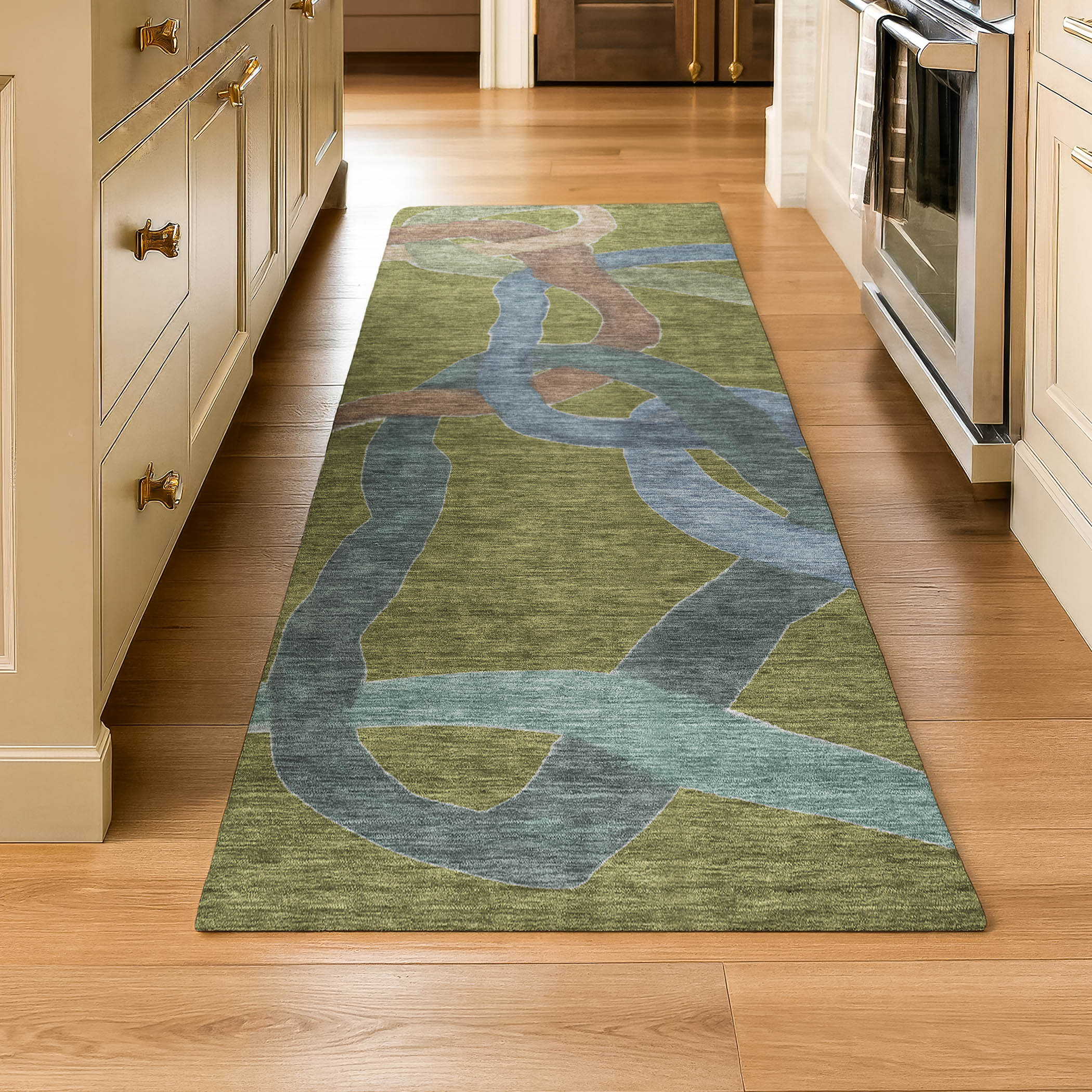 Queenstown Machine Washable Transitional Olive Green Rug 2'3" x 7'6" #shape_Runner