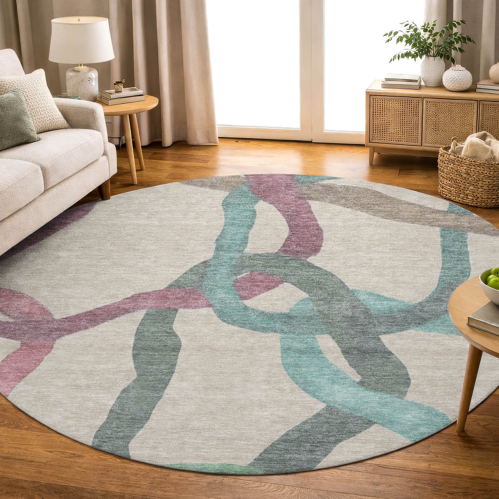Queenstown Machine Washable Transitional Tan Brown Rug 8' x 8' #shape_Round