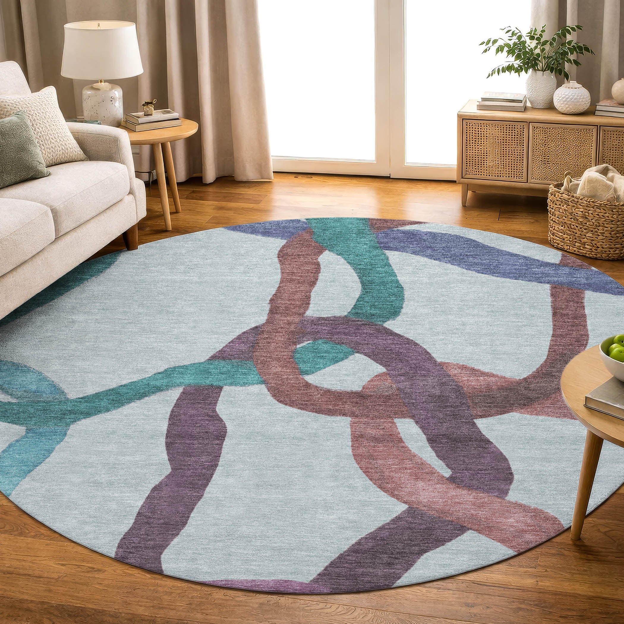 Queenstown Machine Washable Transitional Teal Rug 8' x 8' #shape_Round