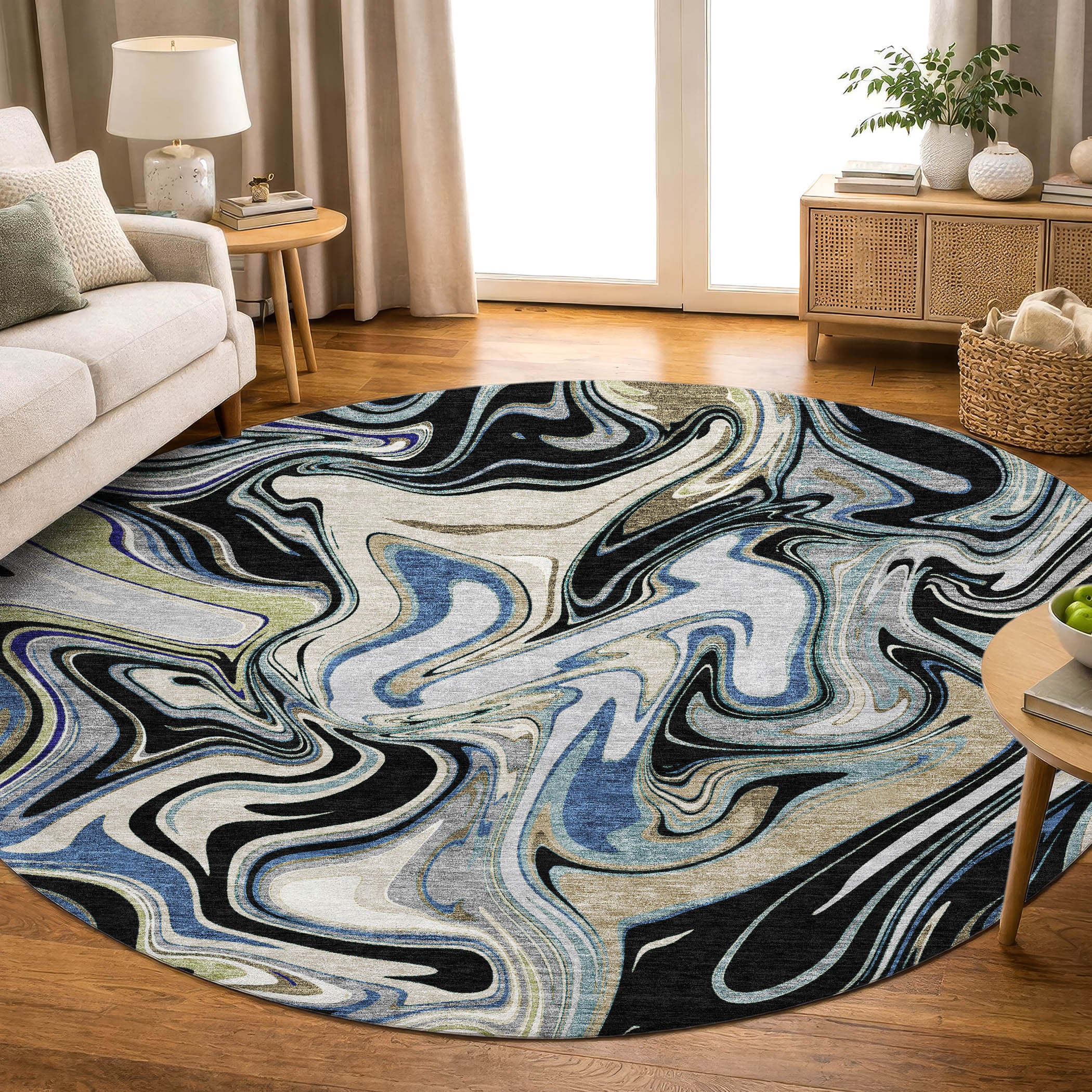 Budapest Machine Washable Transitional Black Rug 8' x 8' #shape_Round
