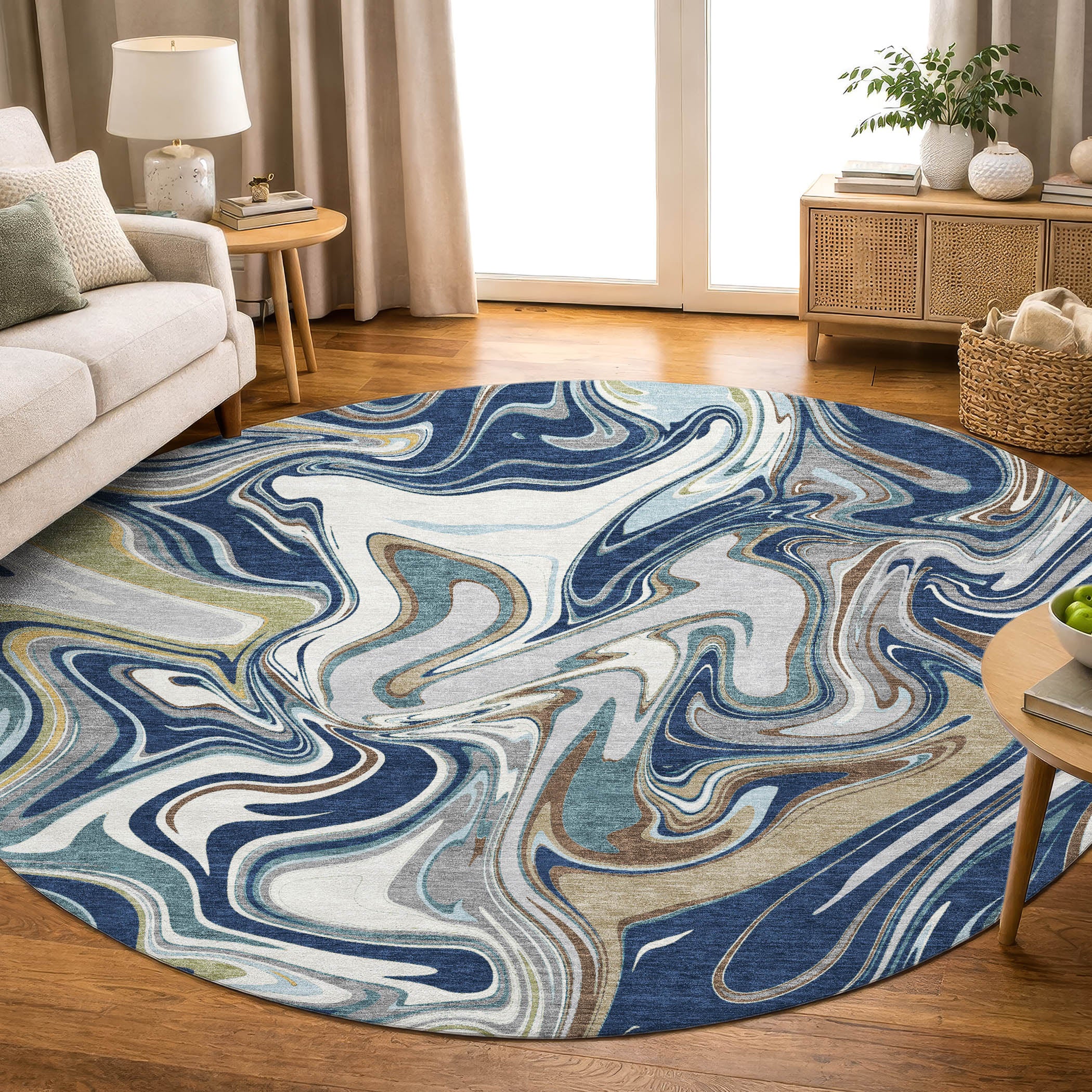 Budapest Machine Washable Transitional Navy Blue Rug 8' x 8' #shape_Round